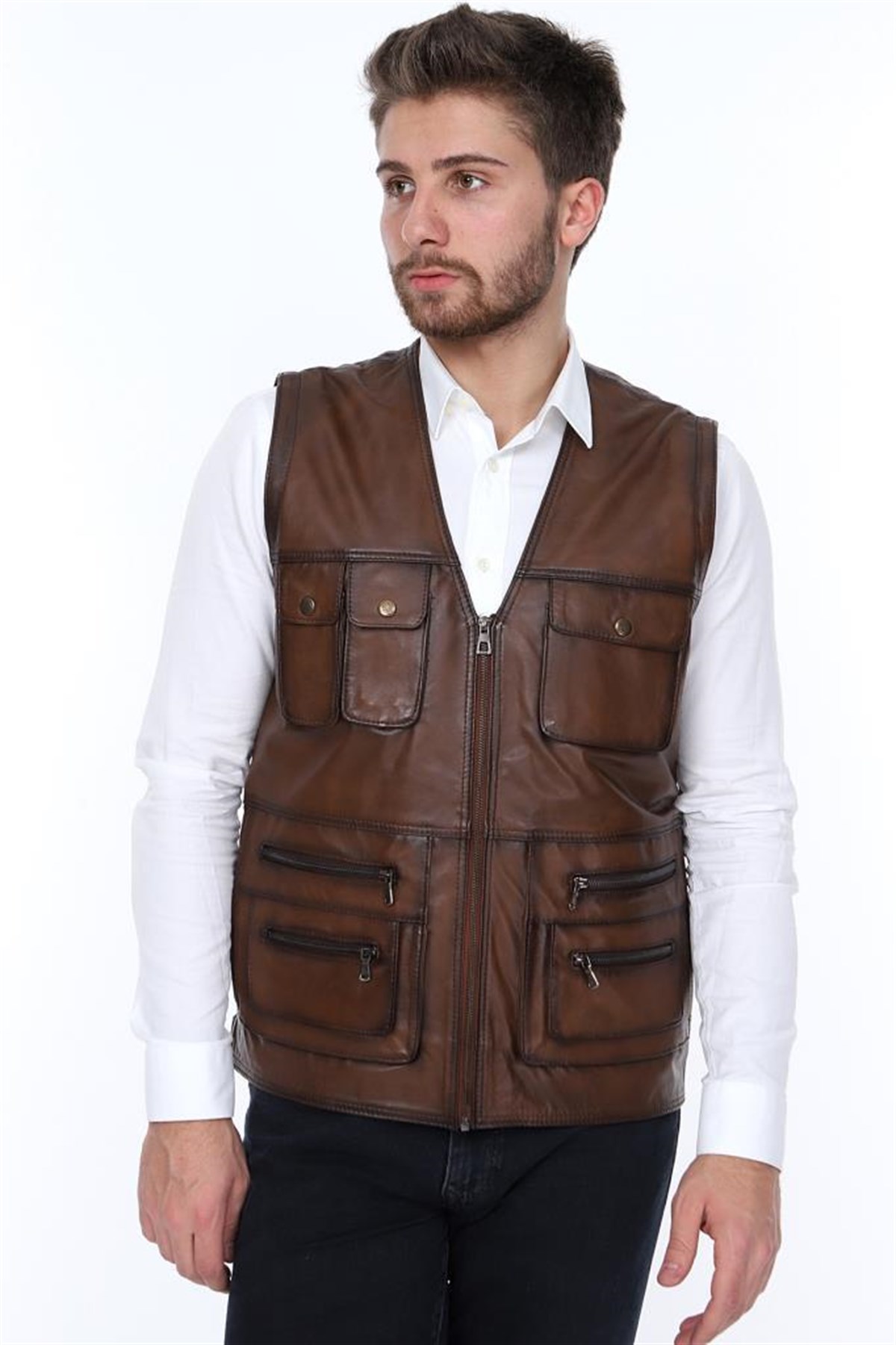 Hakiki Deri Kahverengi Dardano Fermuarlı Erkek Deri Yelek