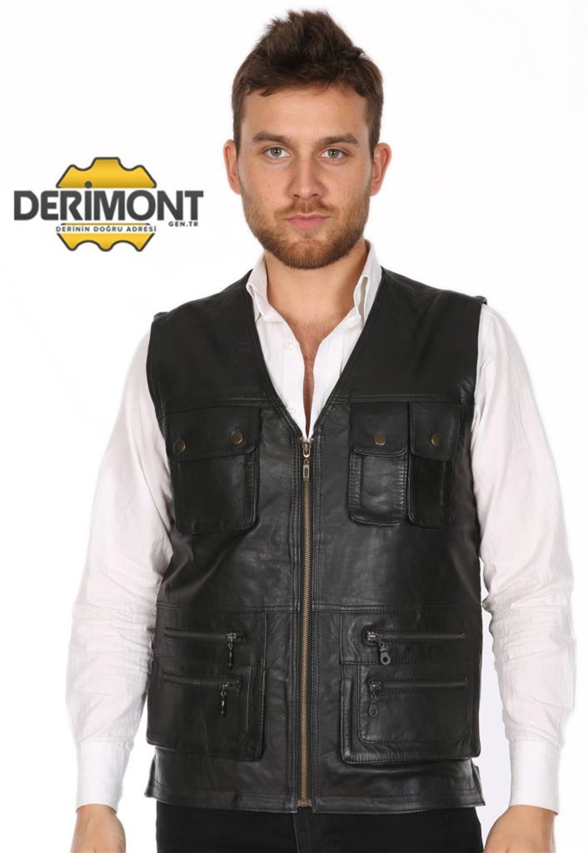 Hakiki Deri Siyah Düğmeli Cepli Avcı Erkek Yelek