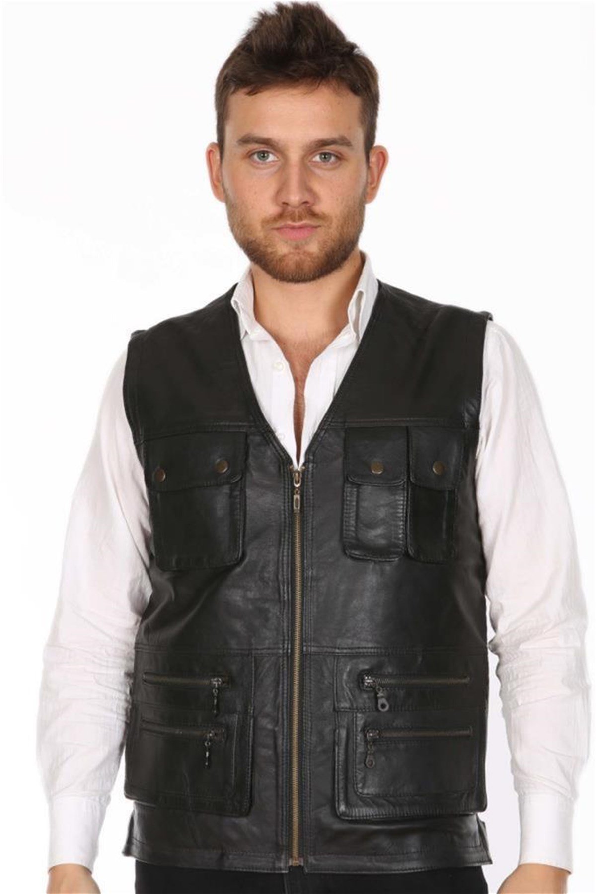 Hakiki Deri Siyah Fermuarlı Cepli Avcı Erkek Yelek