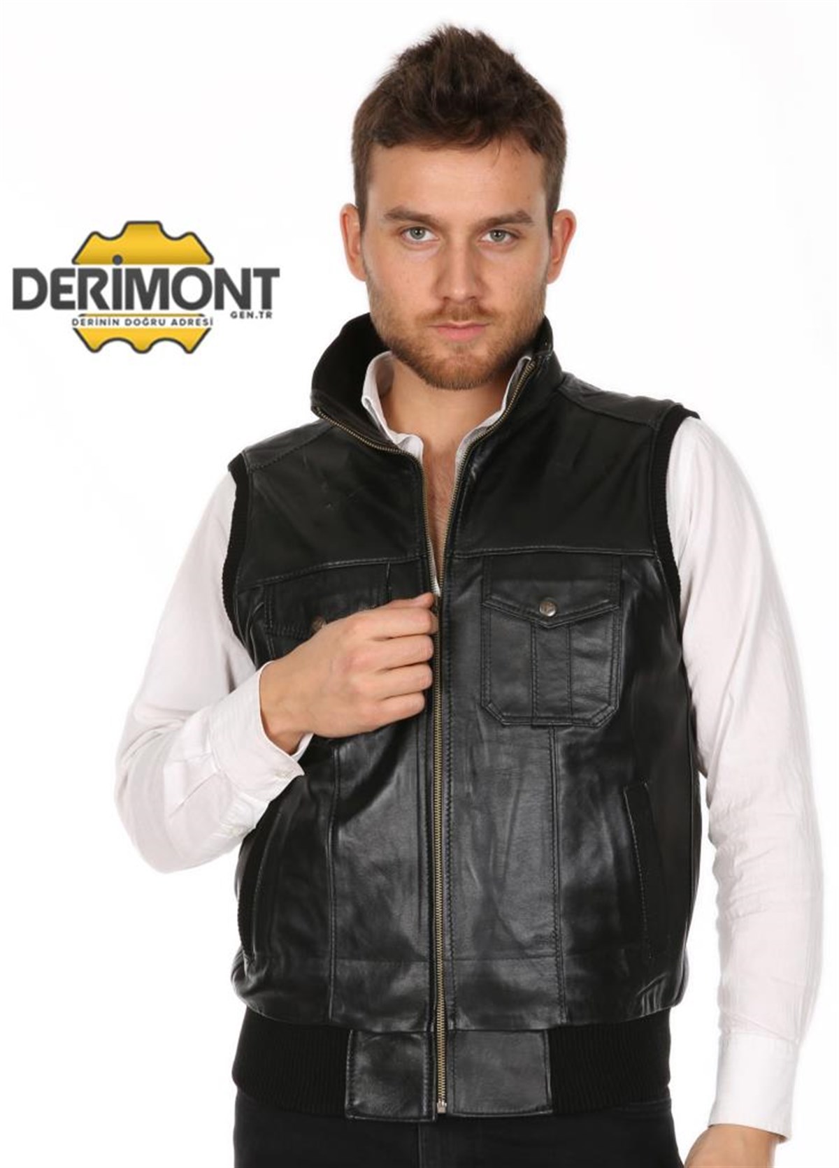 Hakiki Deri Siyah Jack Beli Lastikli Erkek Deri Yelek