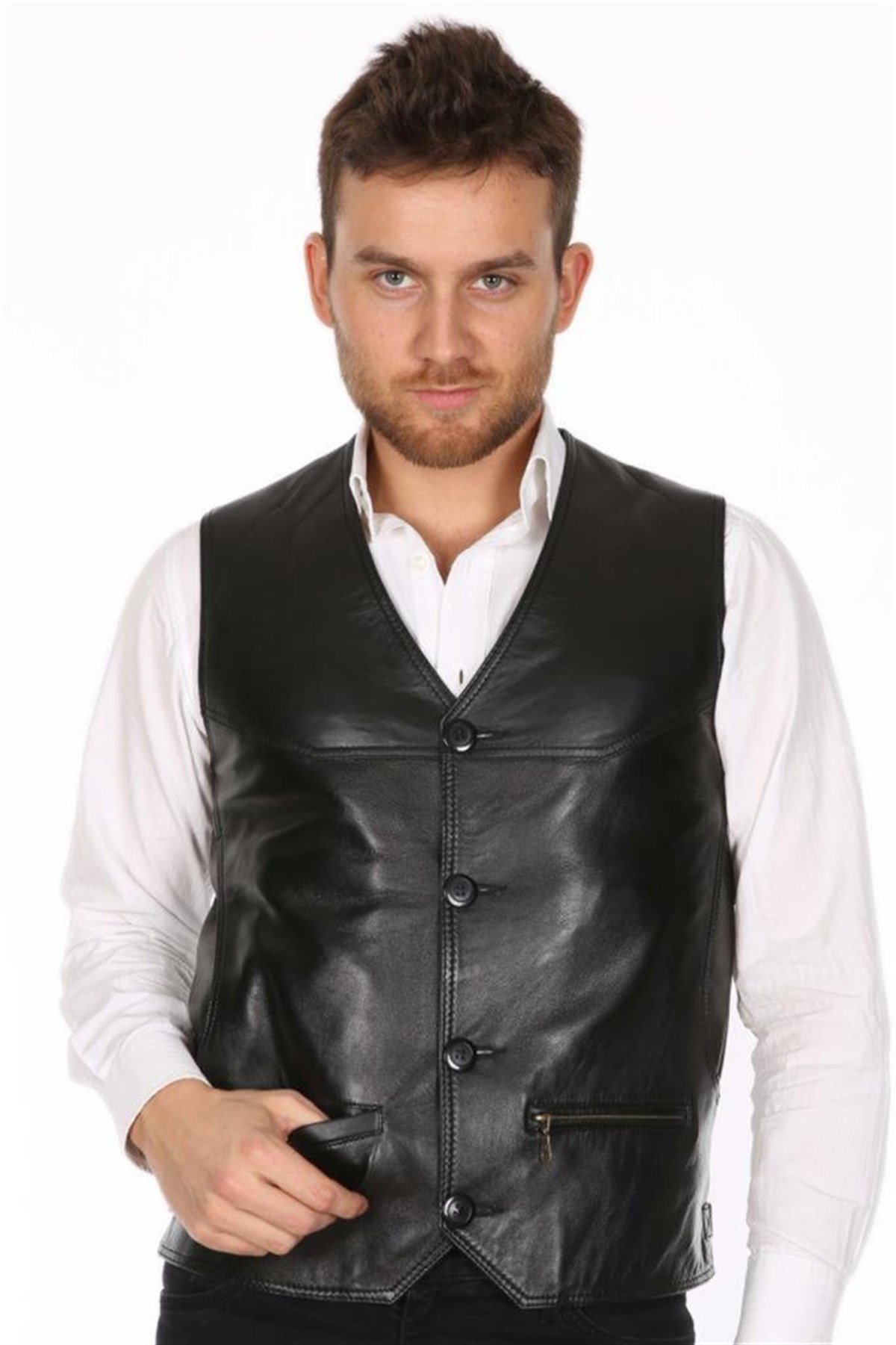 Hakiki Deri Siyah Hogan Düğmeli Erkek Deri Yelek