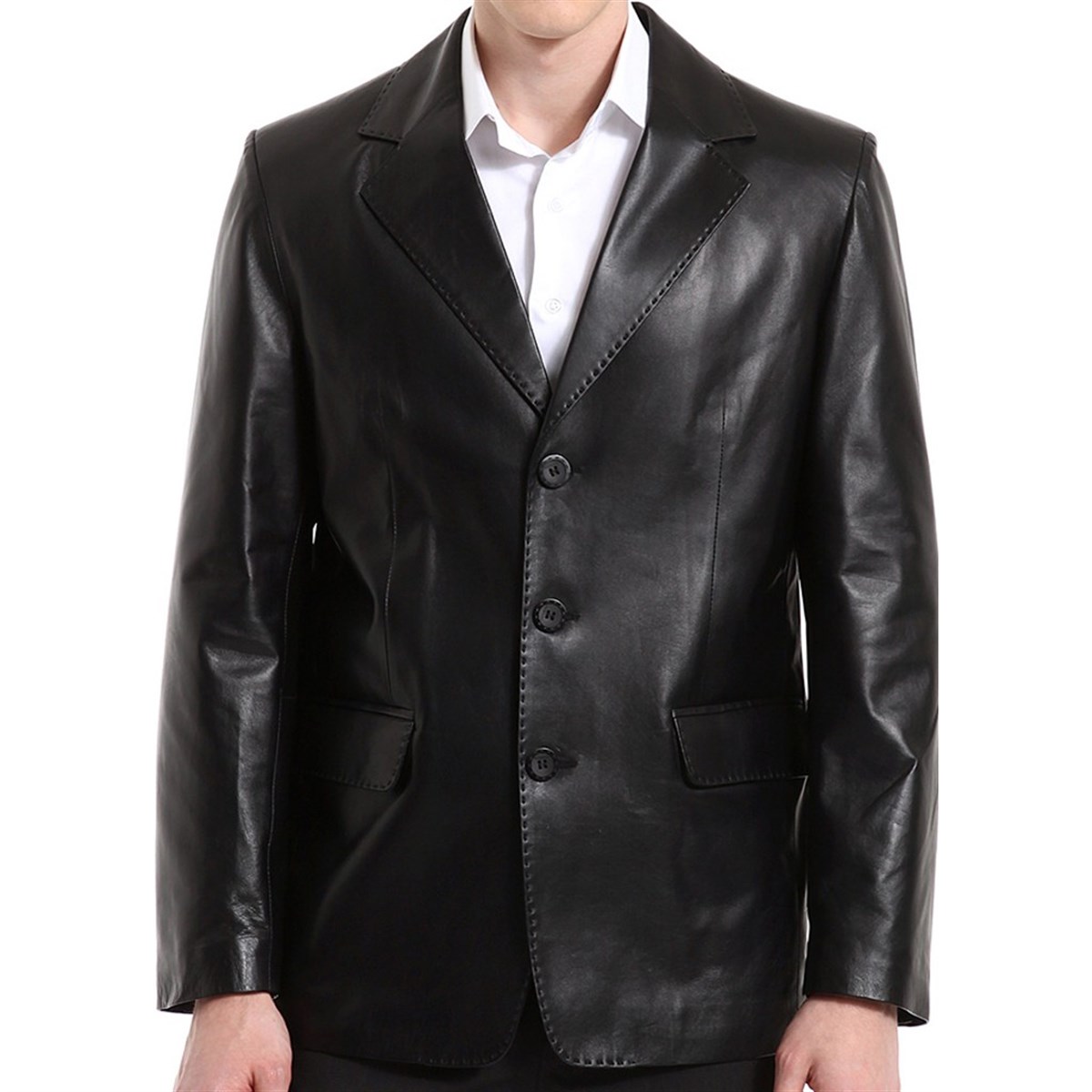 Hakiki Deri Siyah Üç Düğmeli Erkek Deri Ceket
