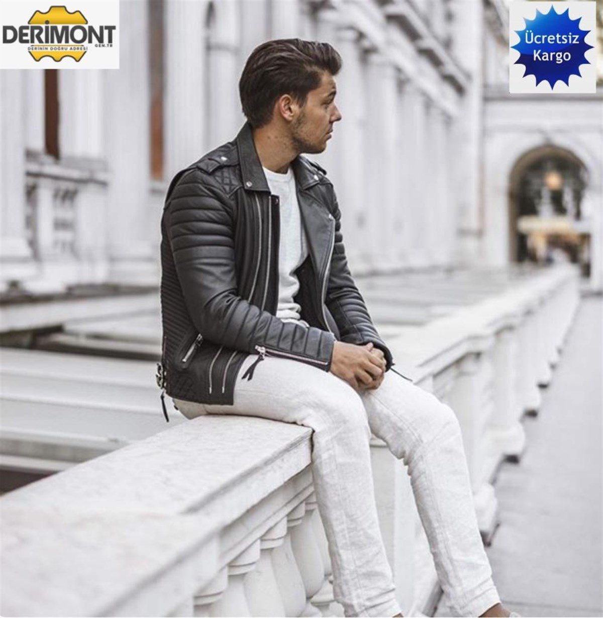 Hakiki Deri Siyah Spor Yan İşlemeli Erkek Deri Ceket