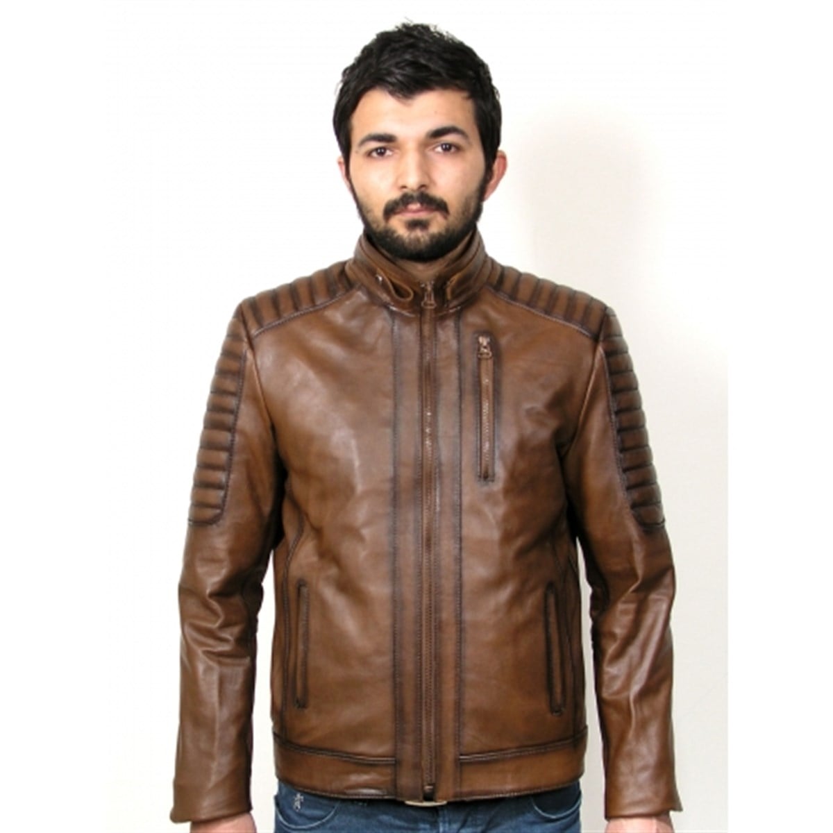 Hakiki Deri Kahverengi Calvin İşlemeli Erkek Deri Ceket