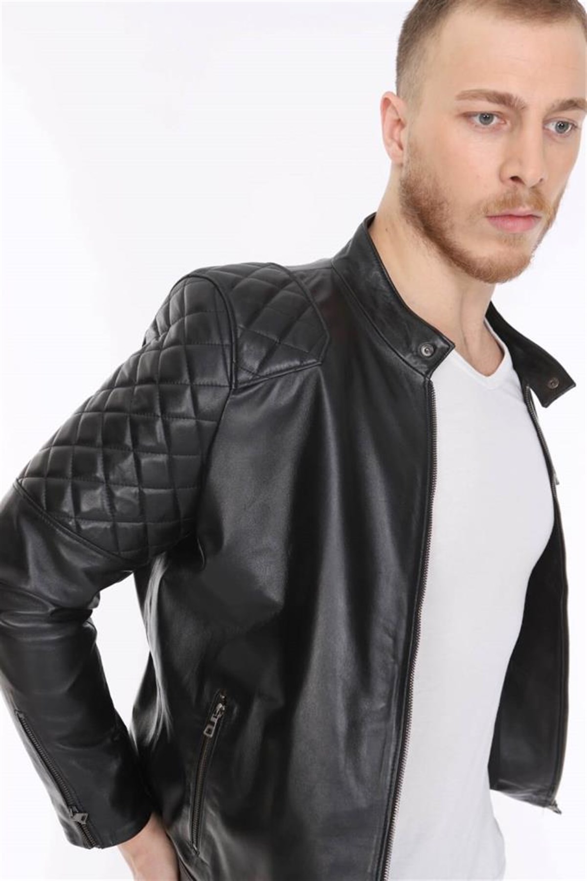 Hakiki Deri Siyah Omuz İşlemeli Beckham Erkek Deri Ceket