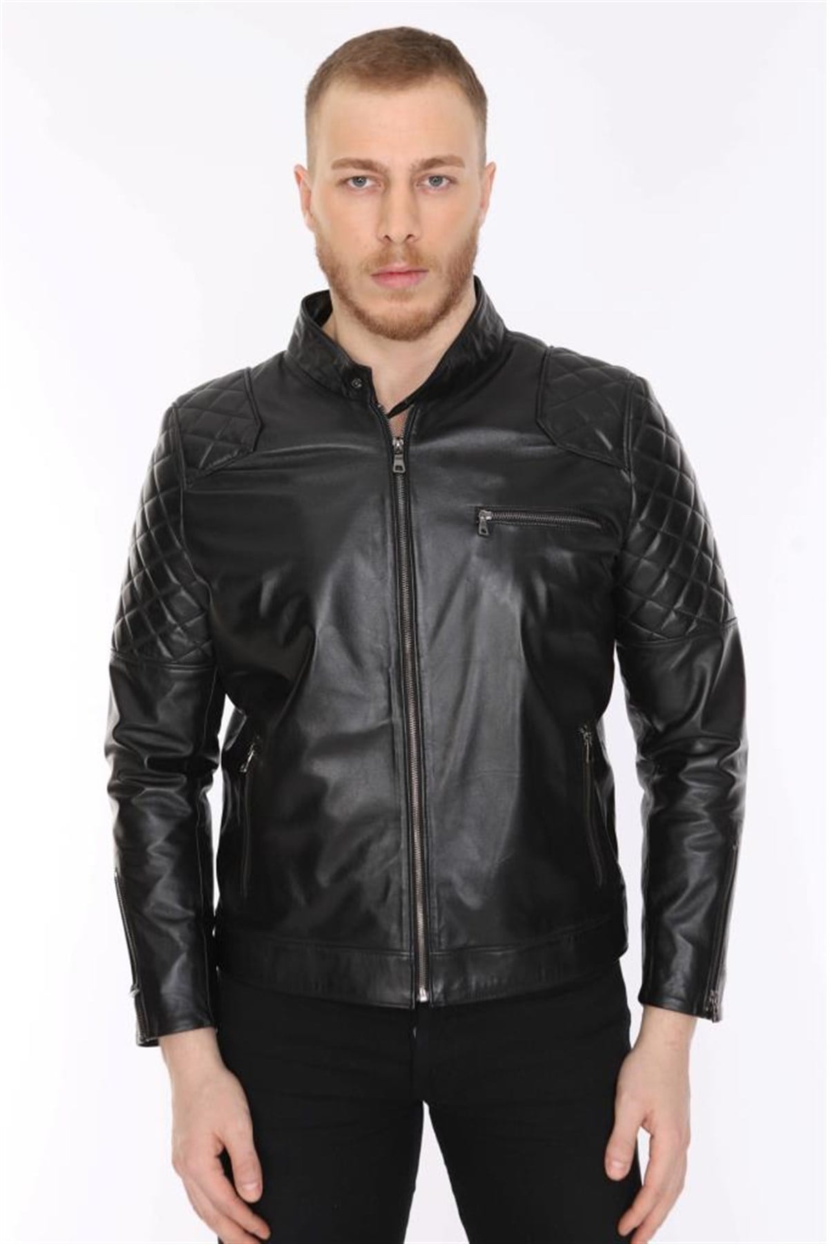 Hakiki Deri Siyah Beckham Fermuarlı Erkek Deri Ceket