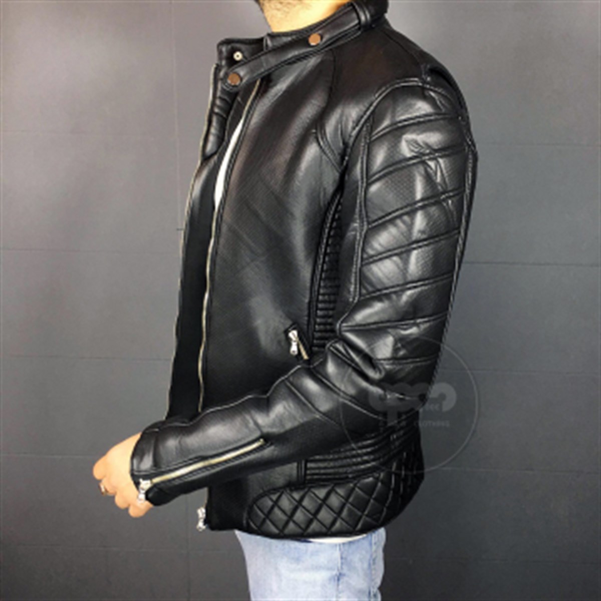 Hakiki Deri Siyah Spor Bel Kol İşlemeli Erkek Deri Ceket