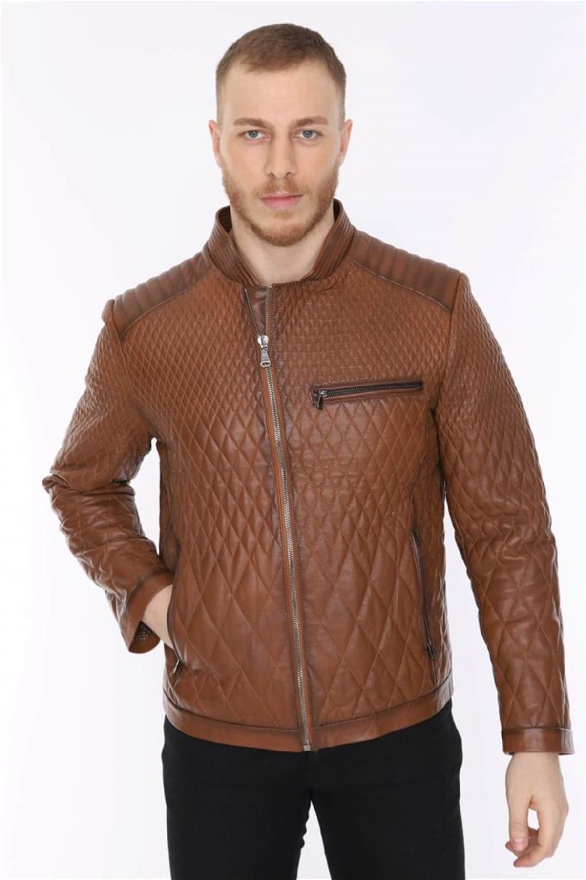 Hakiki Deri Taba Erkek Deri Mont Baklava Desen Fermuarlı Deri Ceket