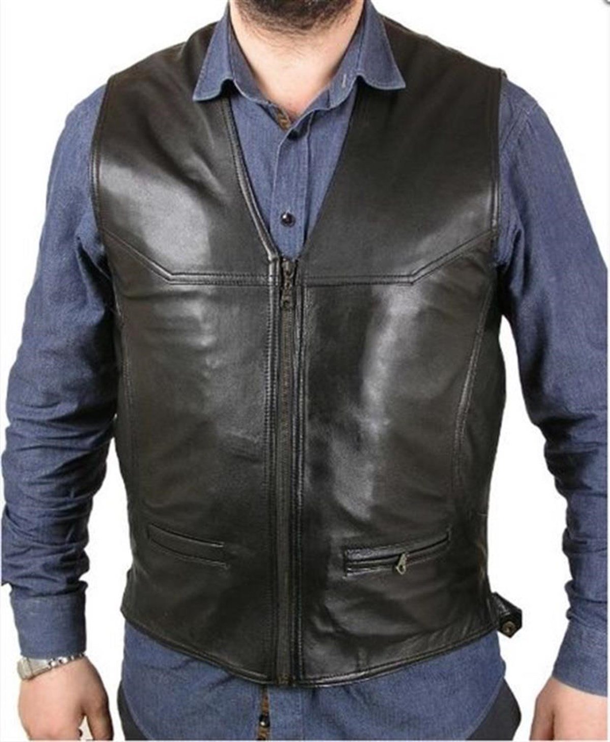 Hakiki Deri Siyah Hogan Fermuarlı Erkek Deri Yelek