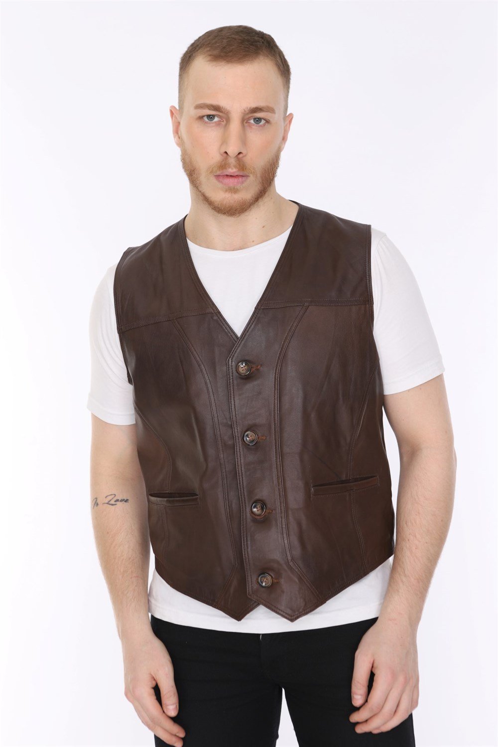 Erkek Deri Yelek Casual Kahverengi Classic