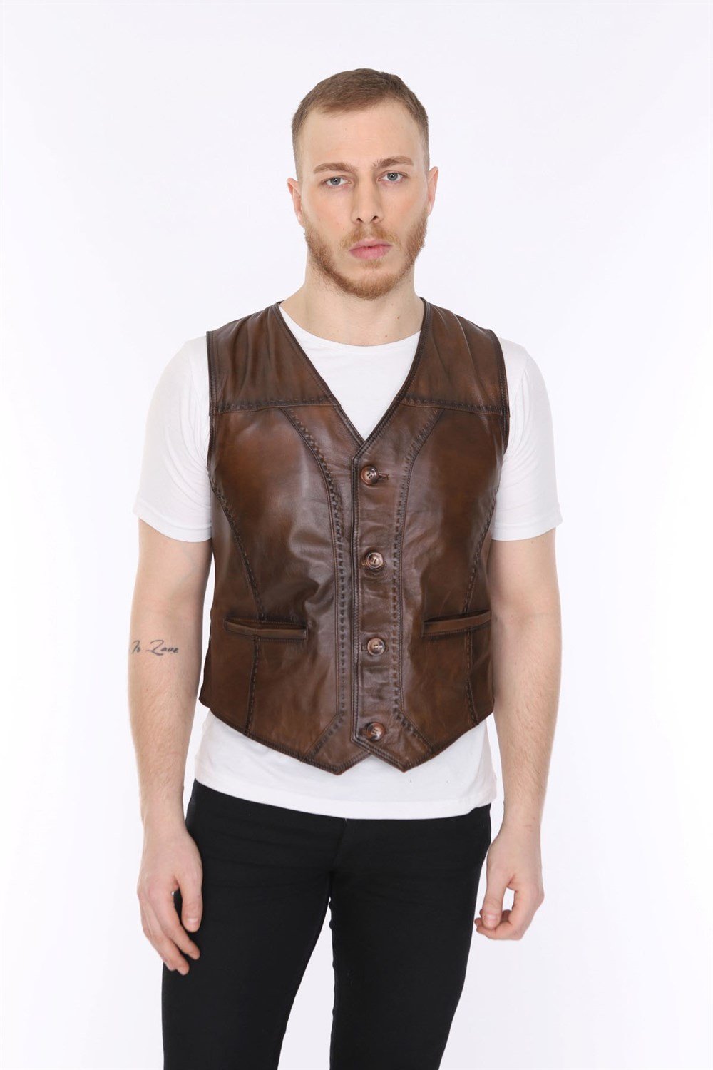 Erkek Deri Yelek Casual Kahverengi Puntolu