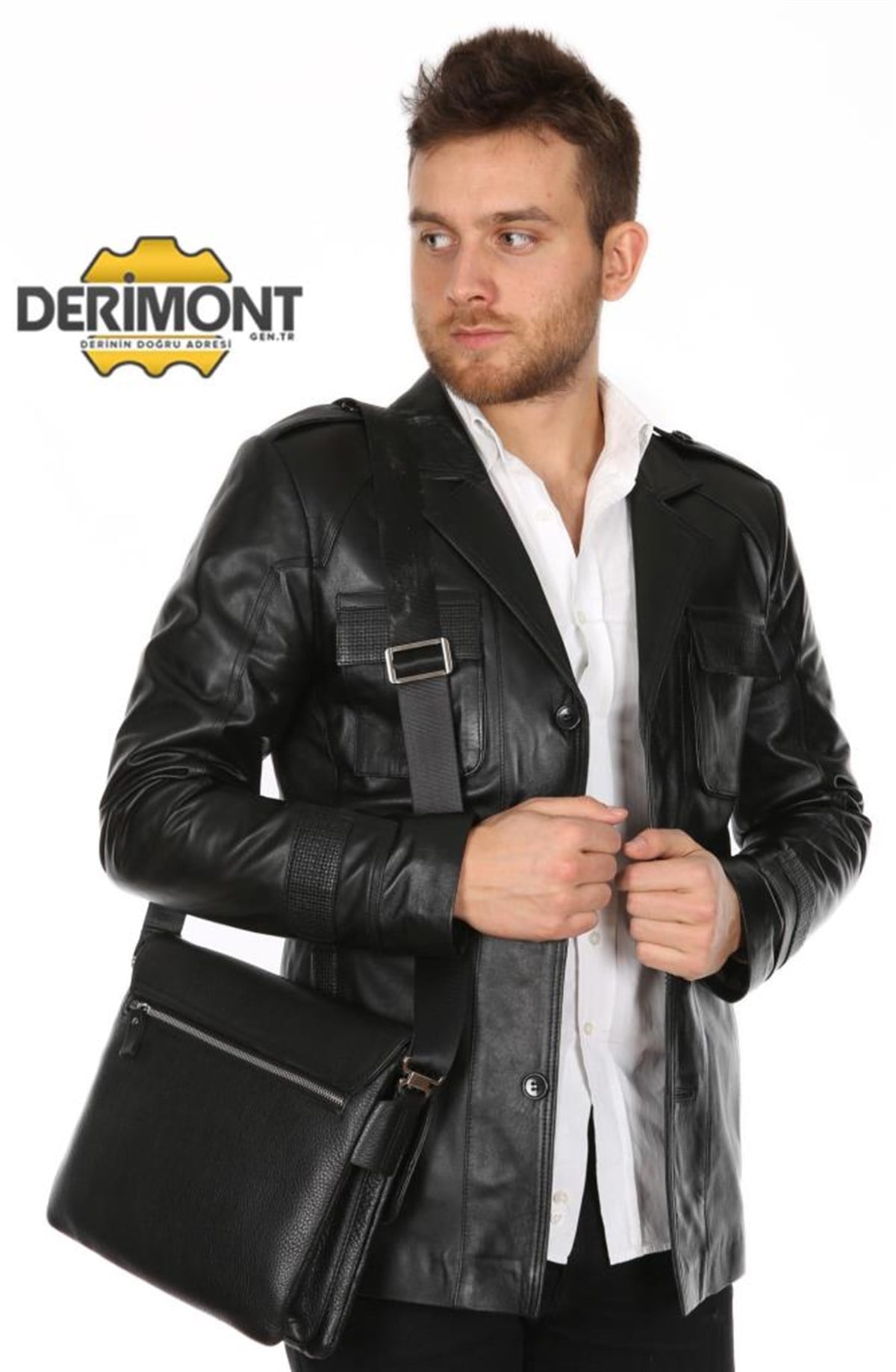 Hakiki Deri Siyah Gömlek Cep Düğmeli Erkek Deri Ceket