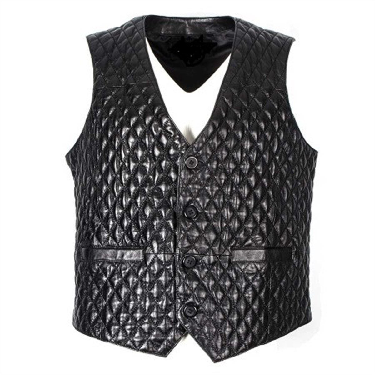 Hakiki Deri Siyah Düğmeli Baklava Desen Erkek Deri Yelek