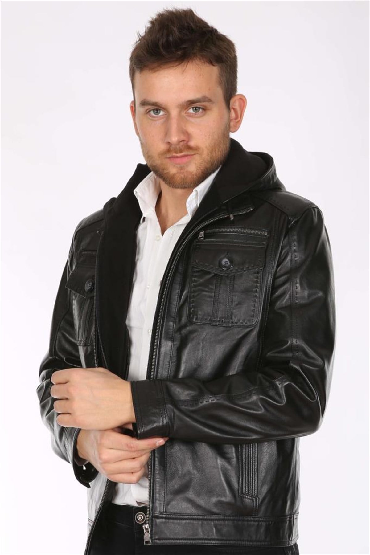 Hakiki Deri Siyah Kapşonlu Dört Cepli Erkek Deri Ceket