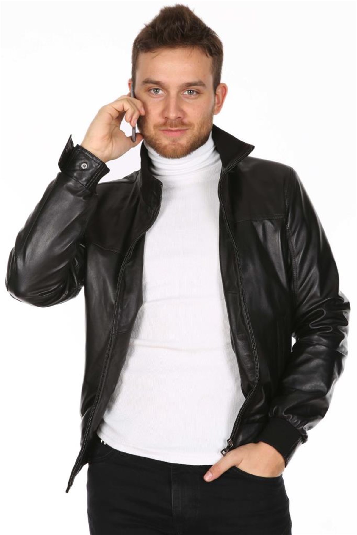 Hakiki Deri Siyah Lastikli Kolej Erkek Deri Ceket