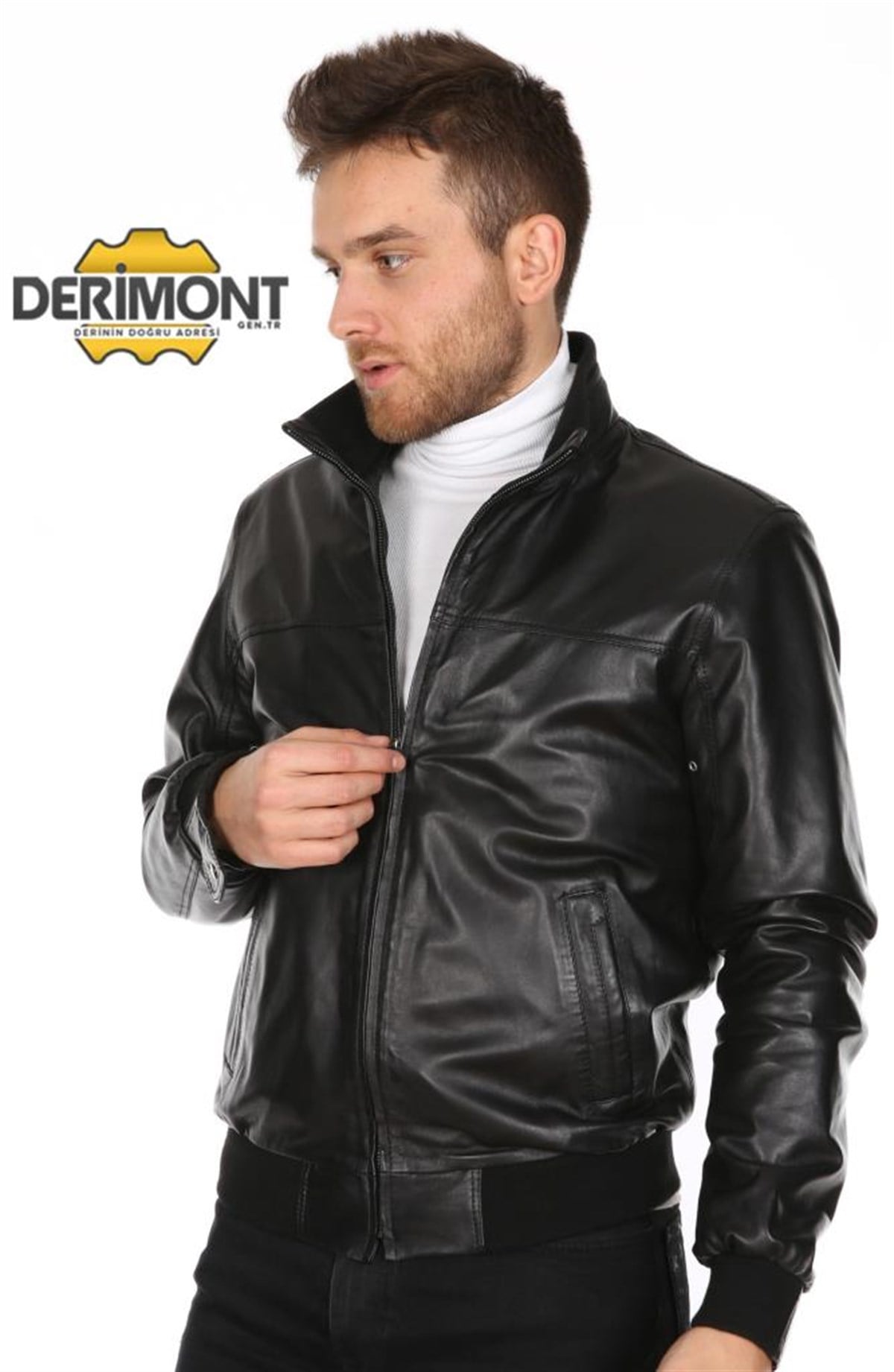 Hakiki Deri Siyah Kolej Lastikli Erkek Deri Ceket