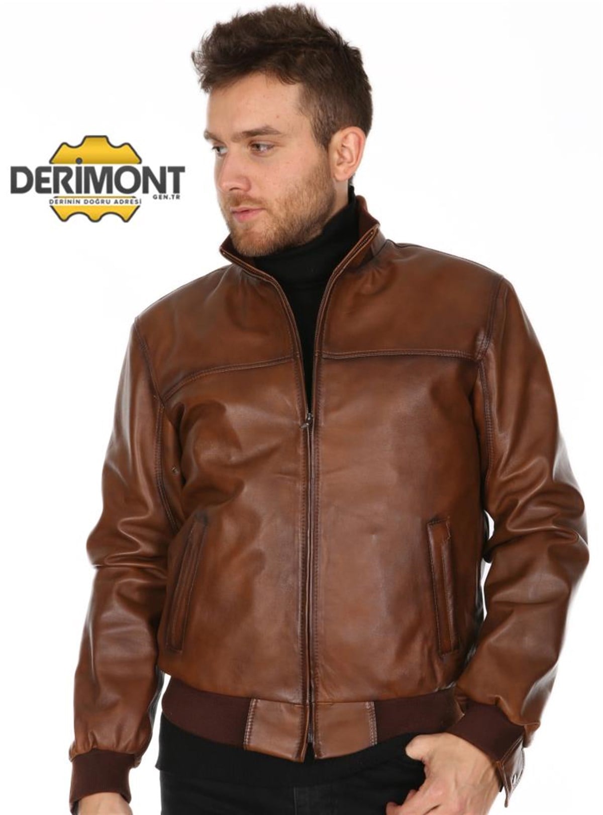 Hakiki Deri Kahverengi Bel Kol Lastikli Erkek Deri Ceket
