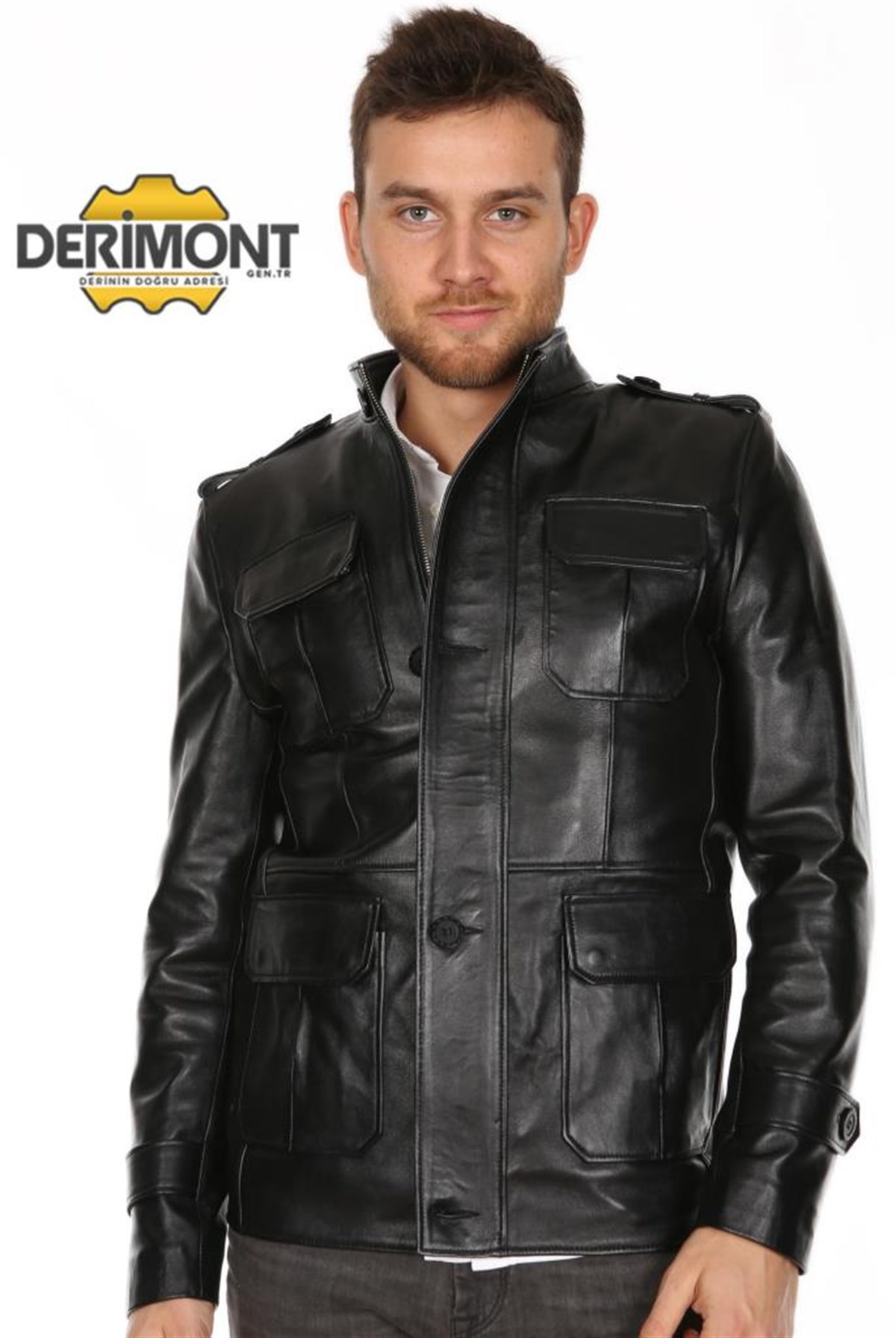 Hakiki Deri Siyah Cep Kapaklı Erkek Deri Ceket