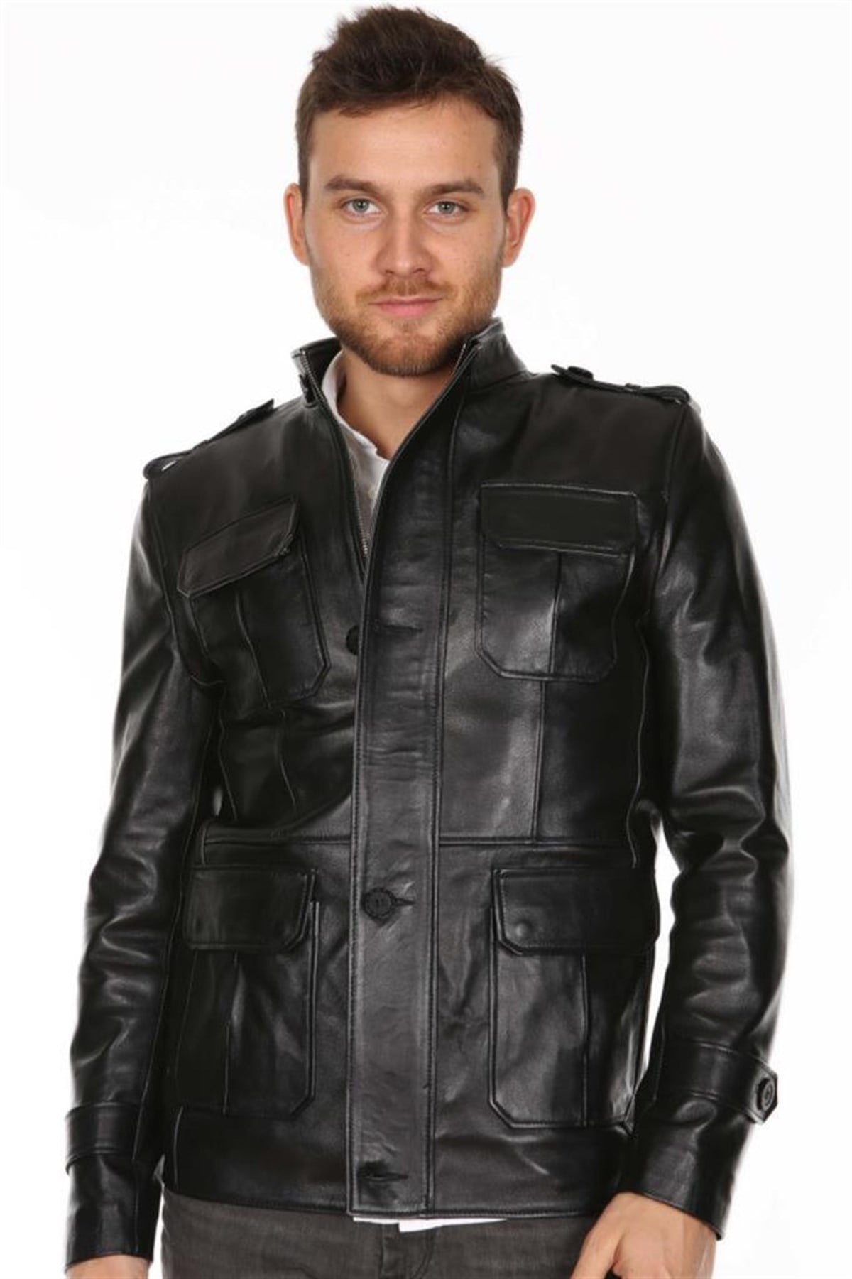 Hakiki Deri Siyah Dört Cepli Erkek Deri Ceket