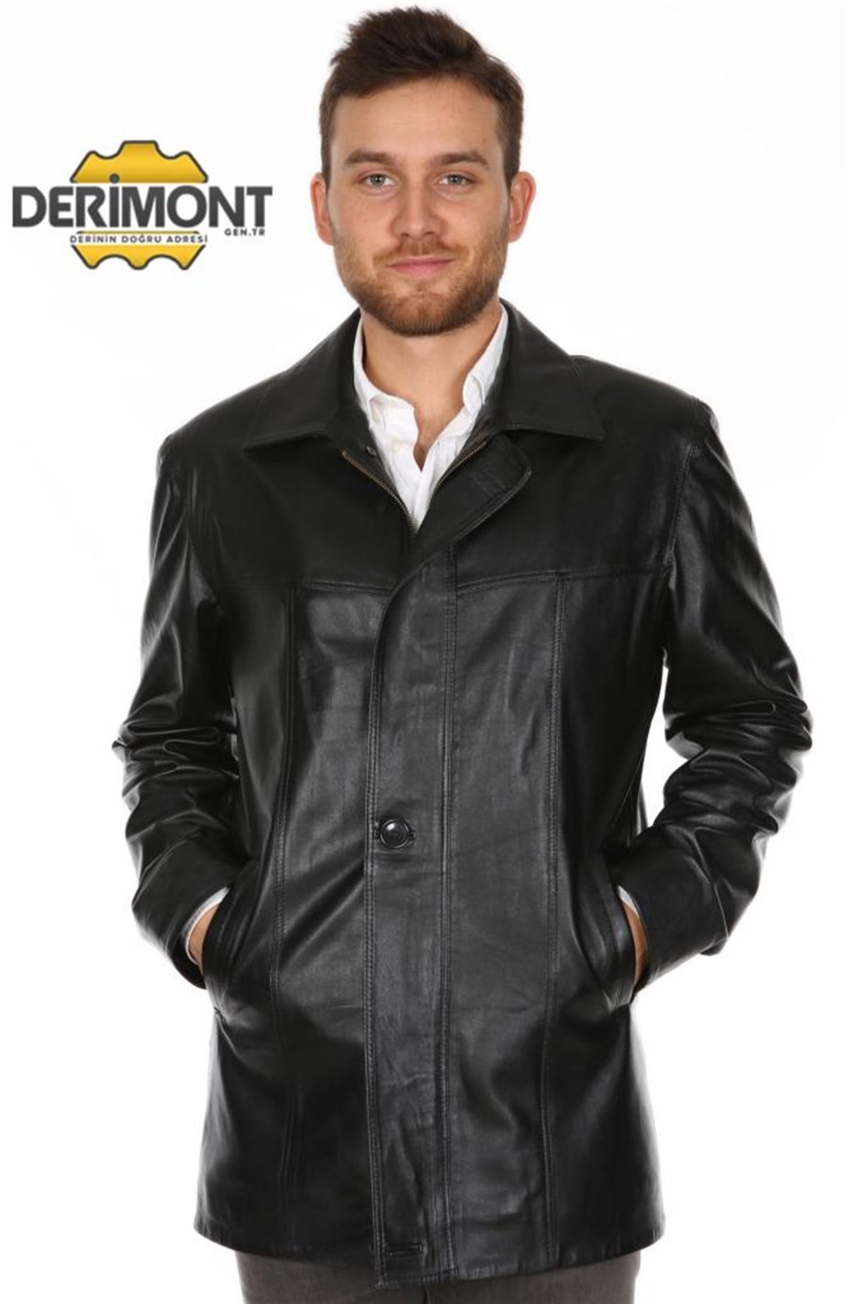 Hakiki Deri Siyah Uzun Düğmeli Erkek Deri Ceket