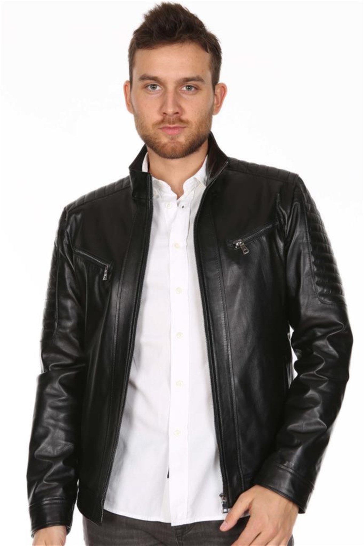 Hakiki Deri Siyah Omuz Kol İşlemeli Erkek Deri Ceket