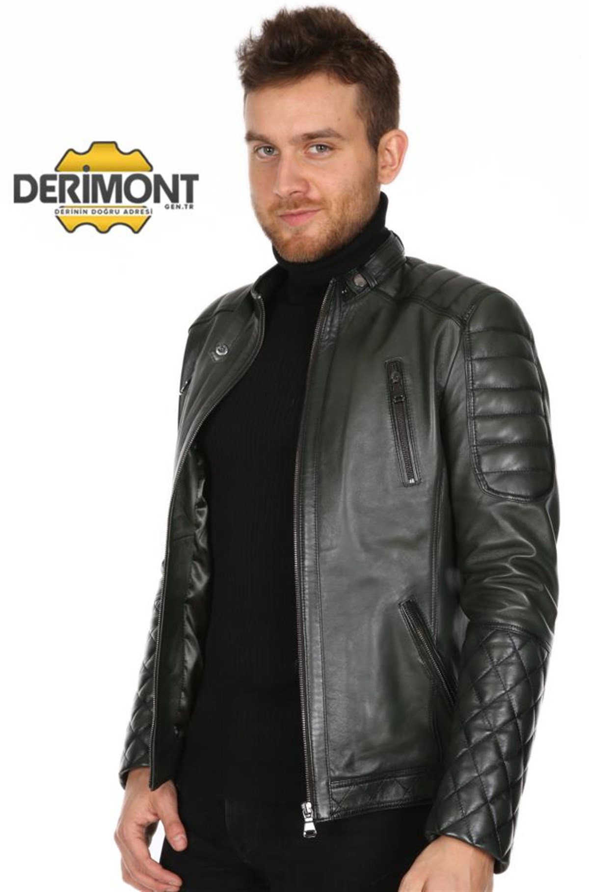 Hakiki Deri Haki Erkek Deri Mont Düz Çizgi Baklava Desenli Fermuarlı Deri Ceket