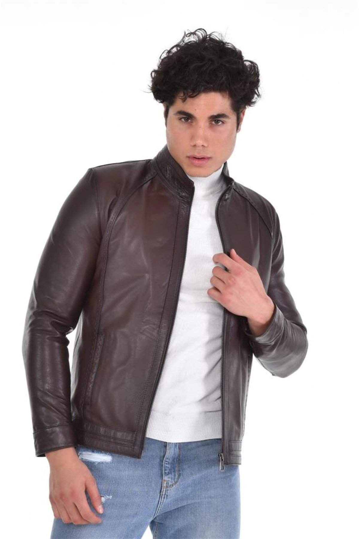 Eskitme Kahverengi Fermuar Yaka  Hakiki Erkek Deri Mont, Hakiki Kuzu Deri Ceket