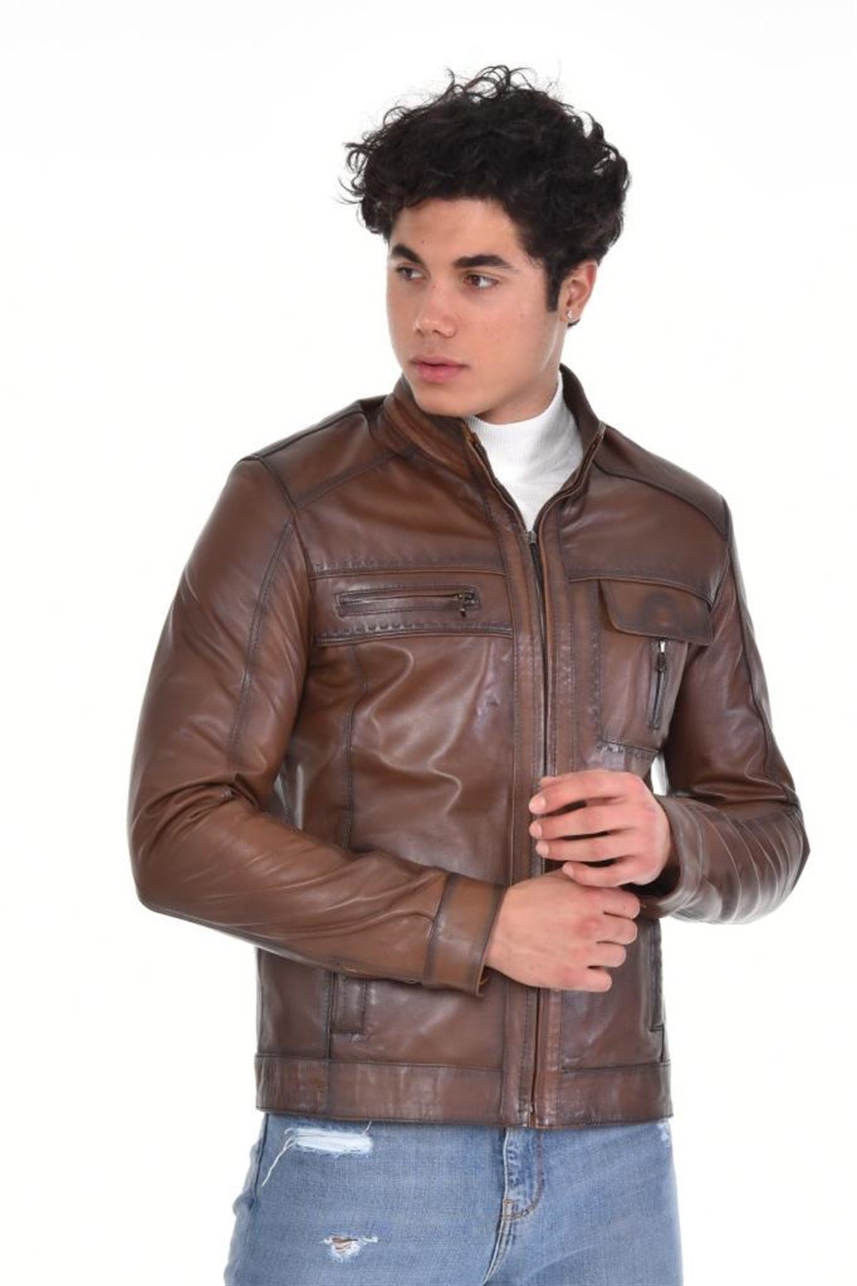Eskitme Kahverengi Kapaklı Beş Cepli Hakiki Erkek Deri Mont, Hakiki Kuzu Deri Ceket