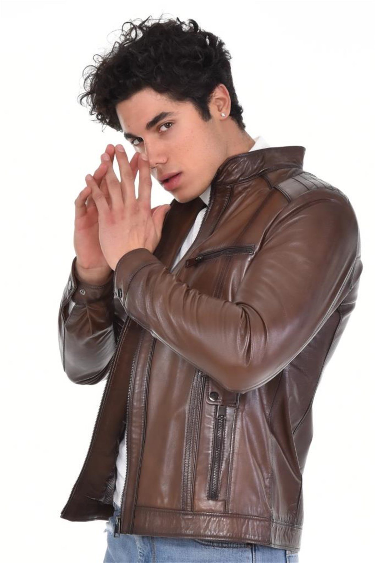 Eskitme Kahverengi Yatay Fermuarlı Cepli Hakiki Erkek Deri Mont, Hakiki Kuzu Deri Ceket