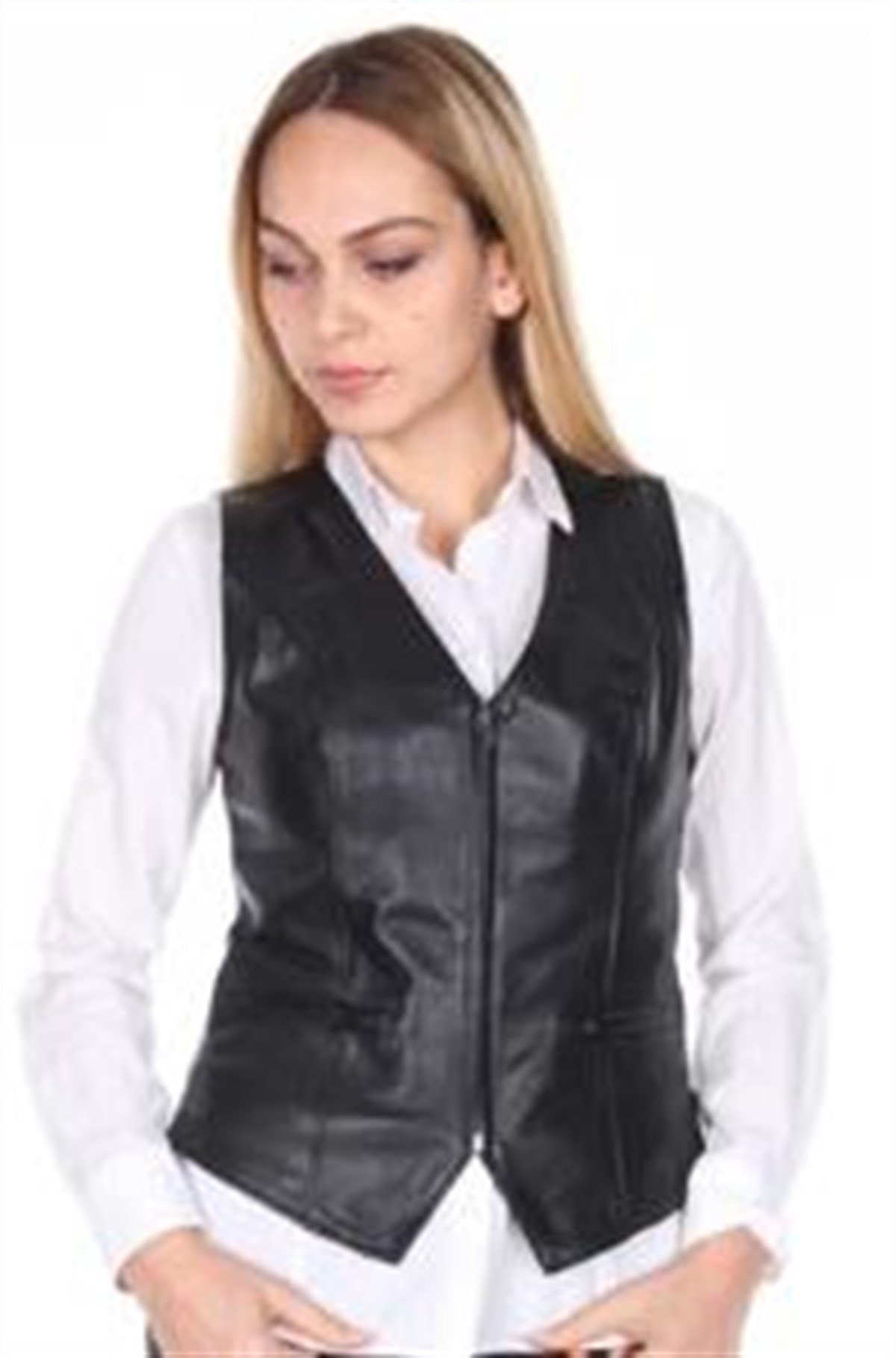 Hakiki Deri Siyah Spor Fermuarlı Kadın Deri Yelek