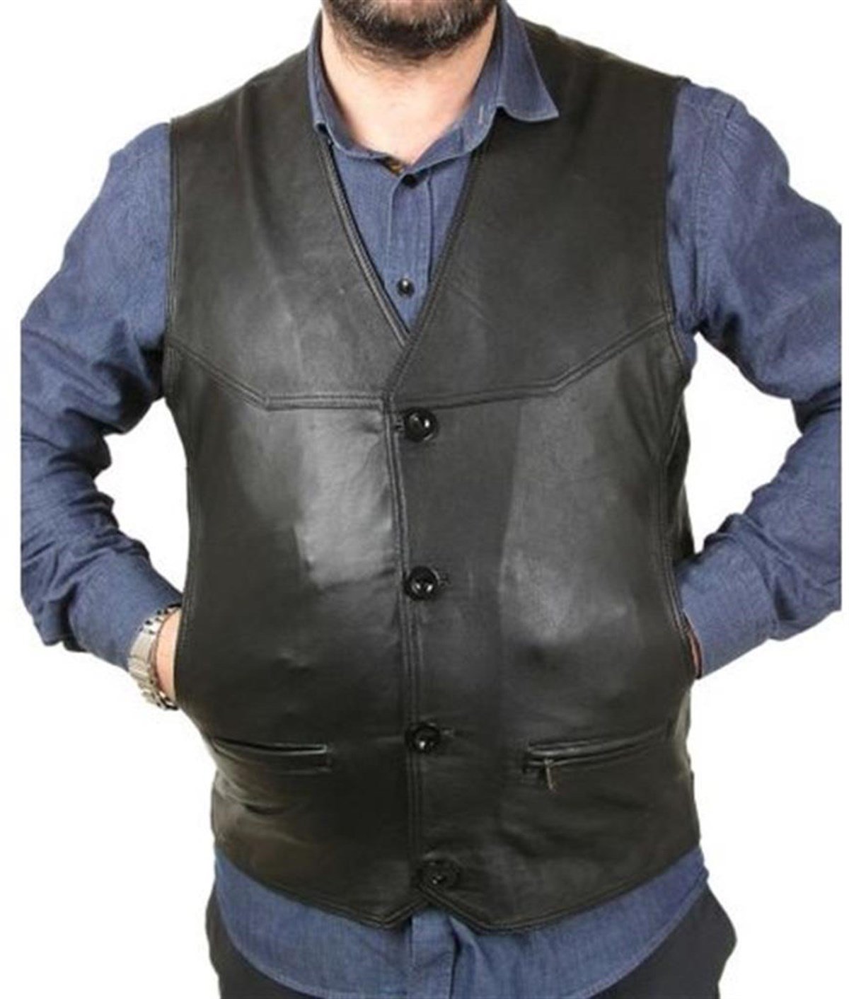 Hakiki Deri Siyah Florida Düğmeli Erkek Deri Yelek