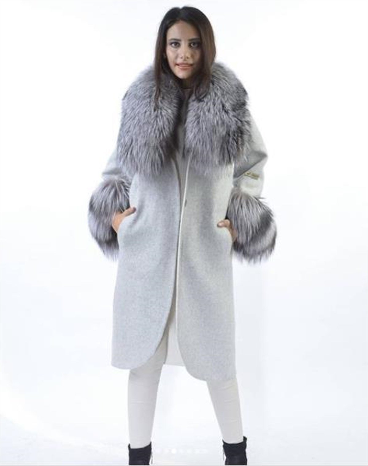 Hakiki Deri Gri Kadın Kürk Ceket Mont %100 Orijinal Deri