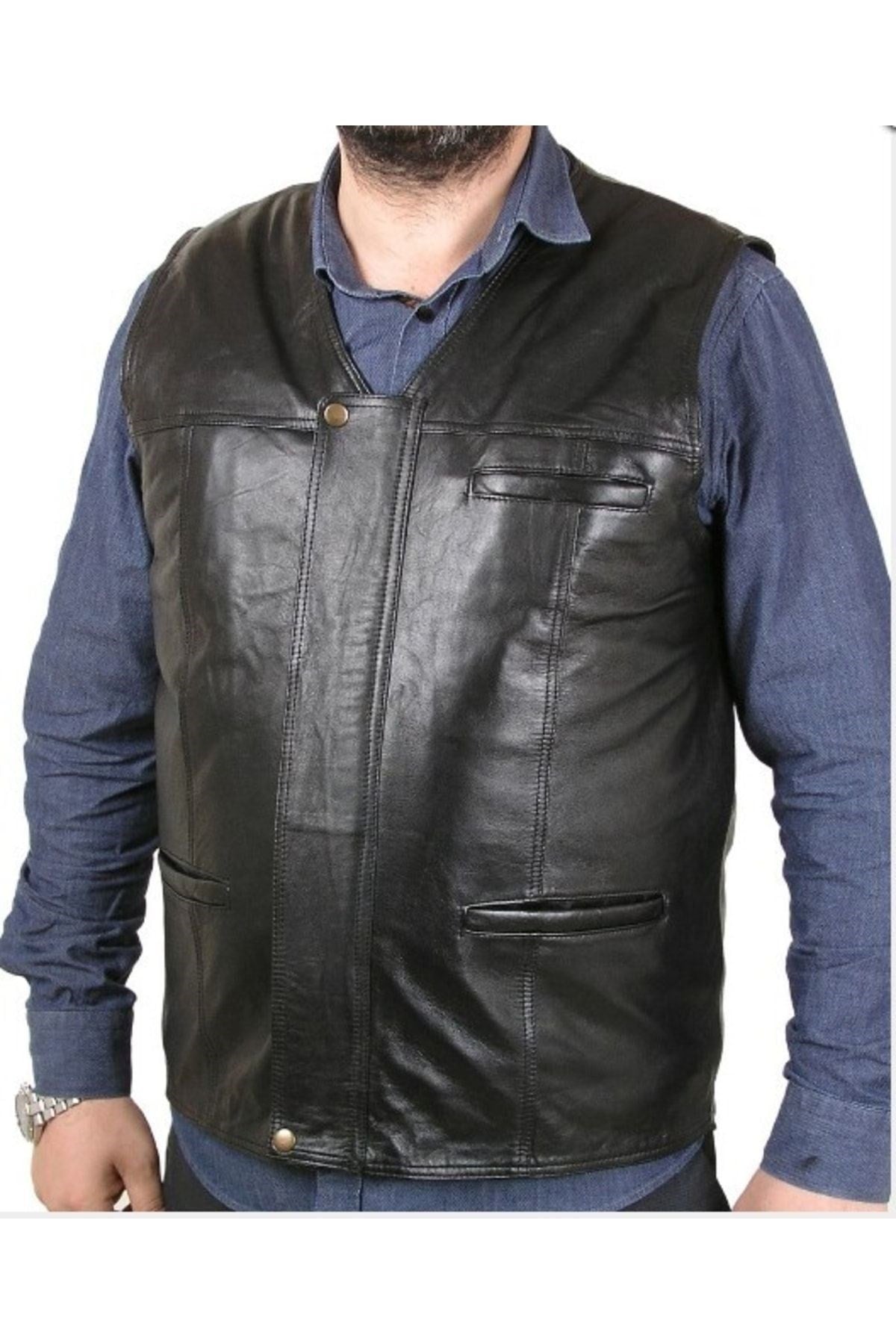 Hakiki Deri Siyah Harrington Fermuarlı Erkek Deri Yelek