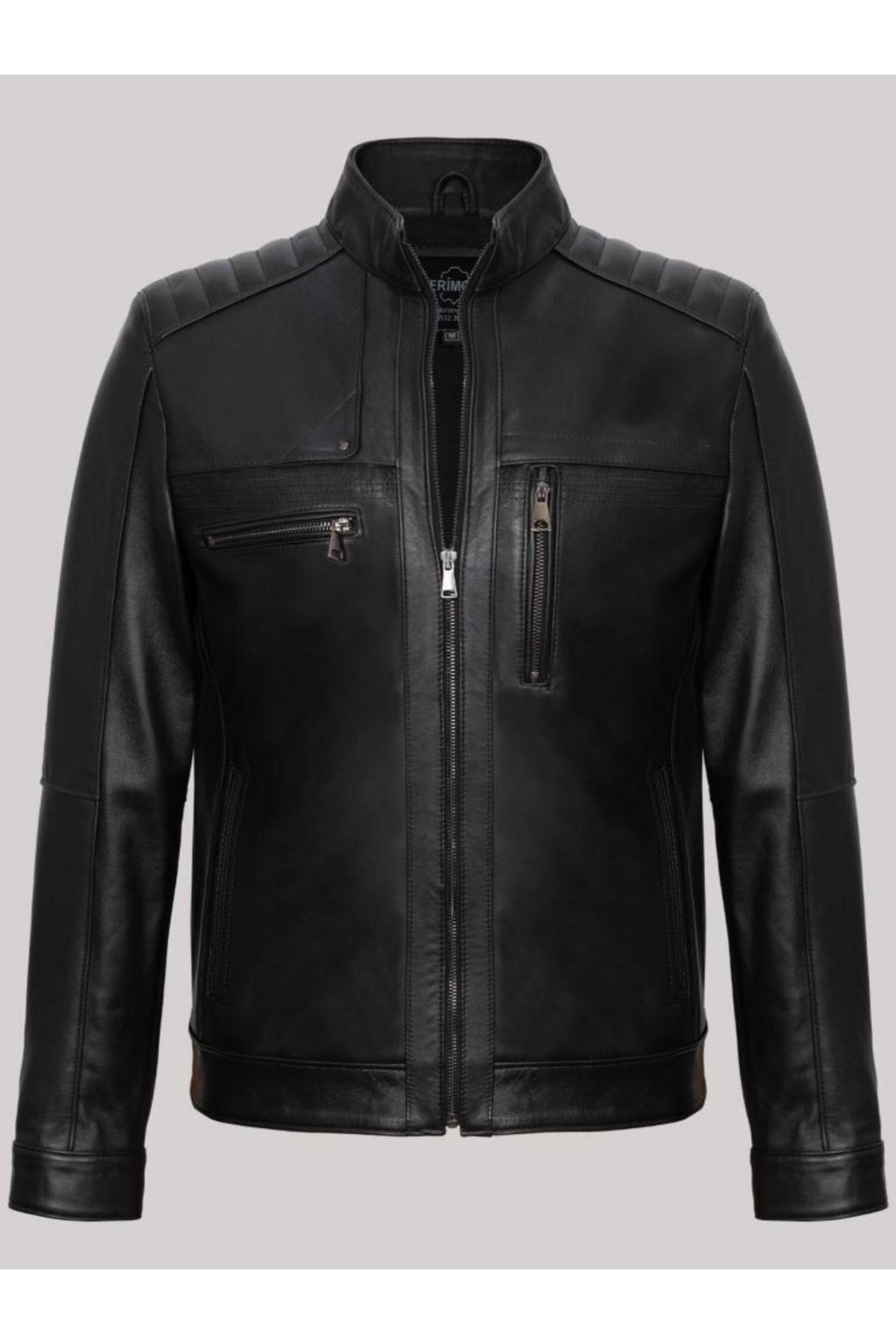 Hakiki Deri Siyah Önden Fermuarlı İşlemeli Erkek Deri Ceket
