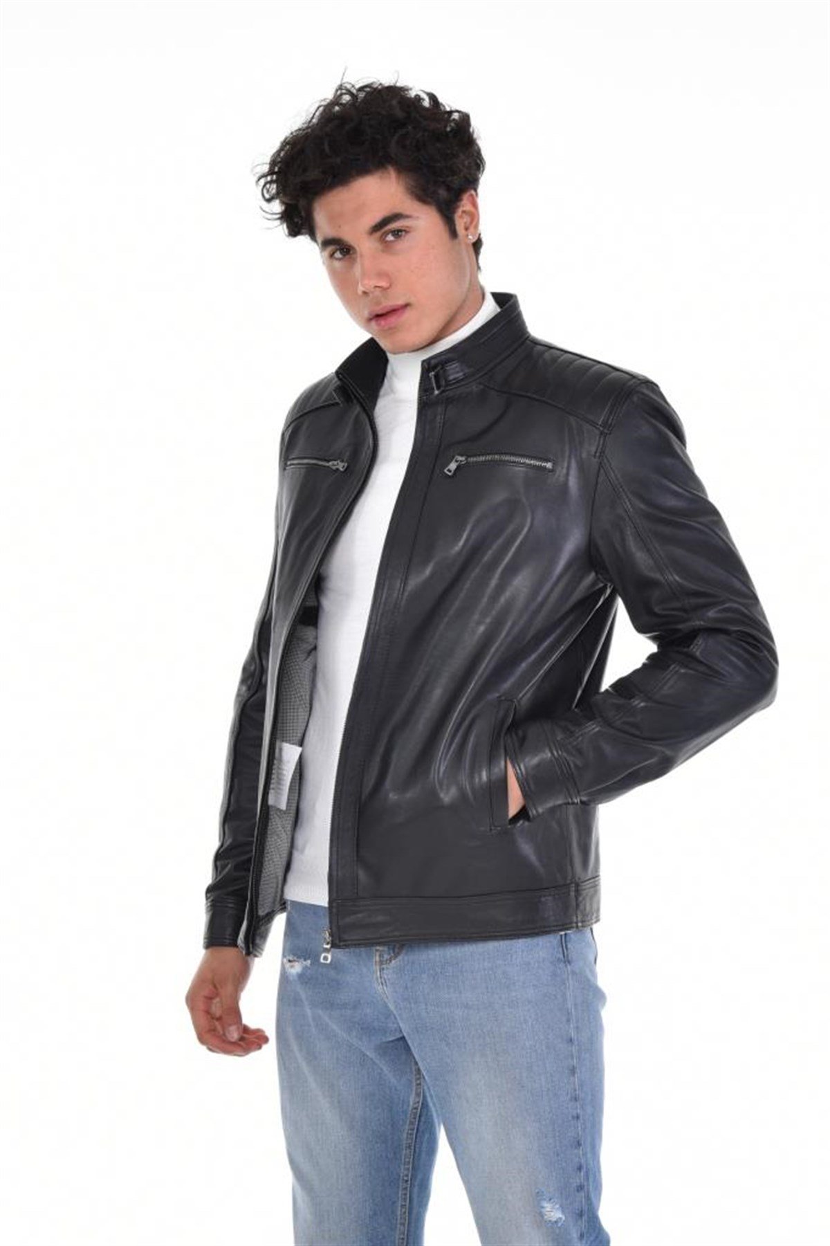 Hakiki Deri Siyah Erkek Deri Mont Hakim Yaka Düz Çizgi Desenli Deri Ceket
