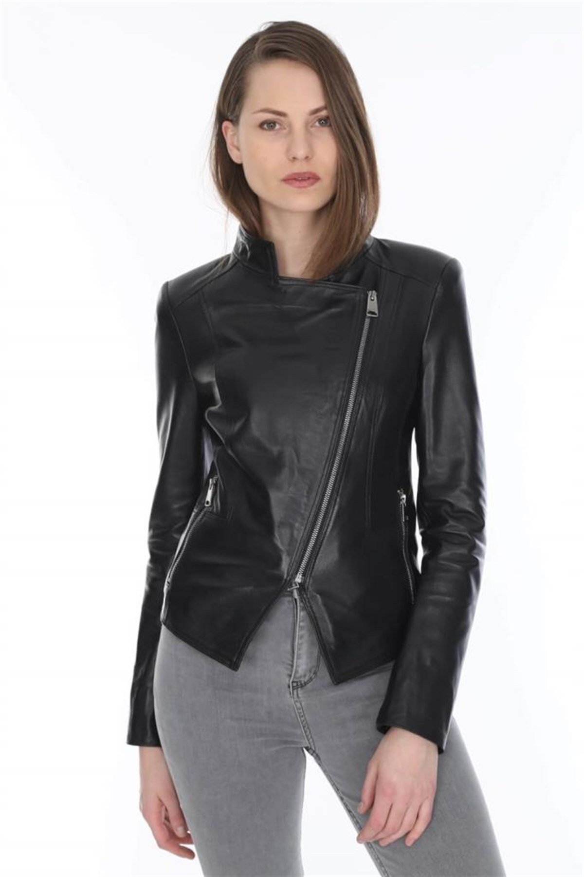 Hakiki Deri Siyah Yandan Fermuarlı Leeds Kadın Ceket