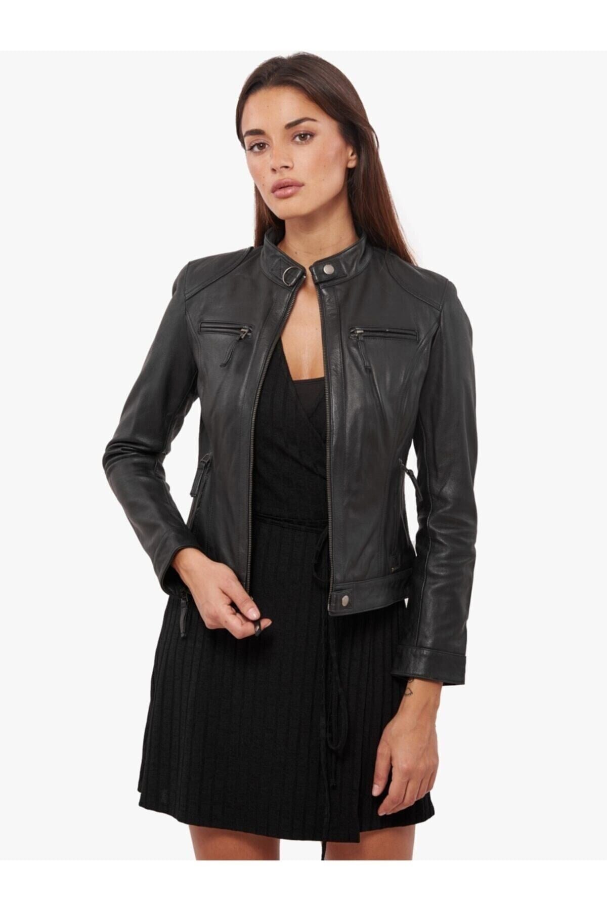 Kadın Siyah Hakiki Deri Mont