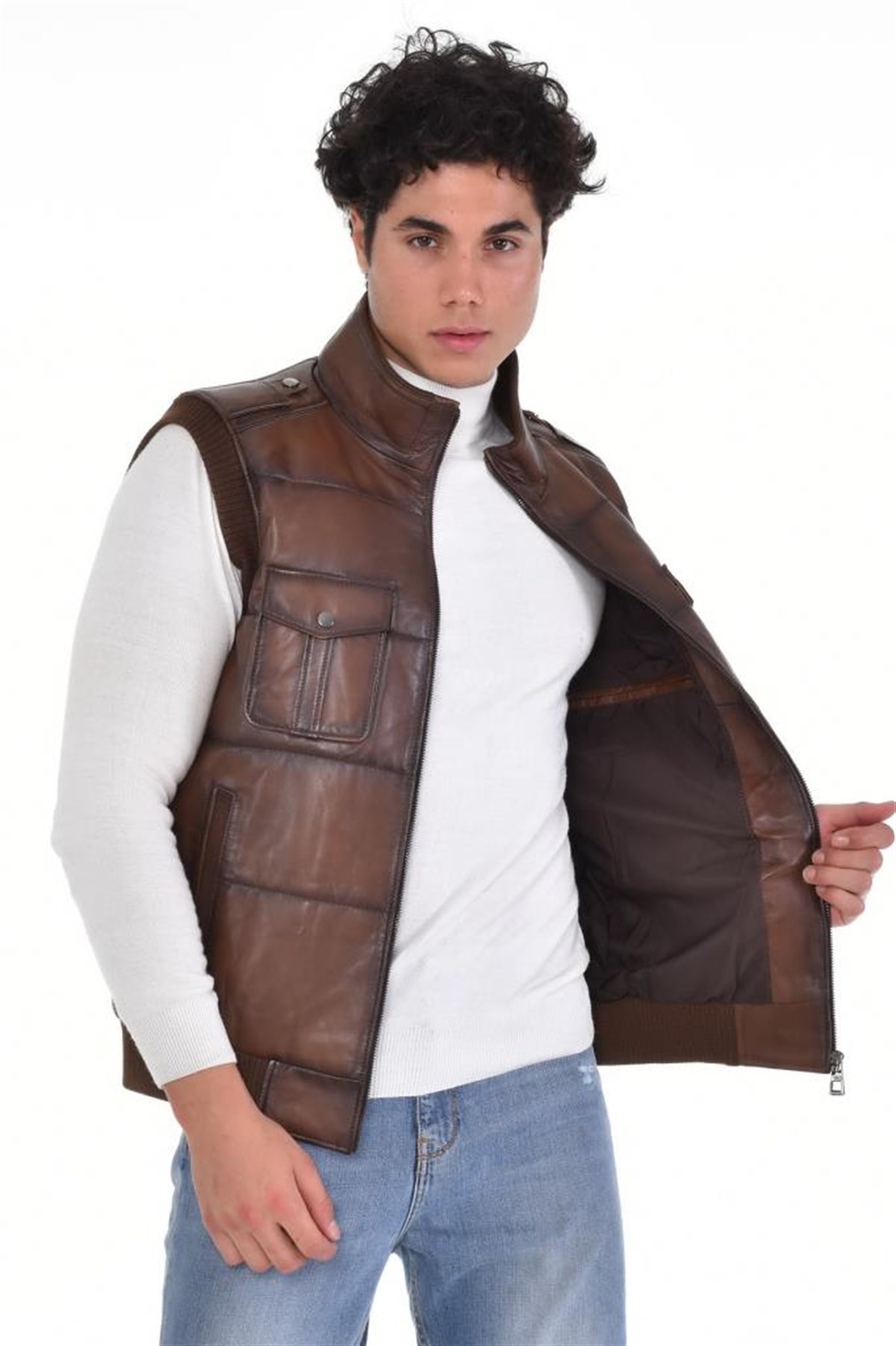 Kahverengi Dört Cepli Yelek Manşetli Hakiki Erkek Deri Mont, Hakiki Kuzu Deri Ceket