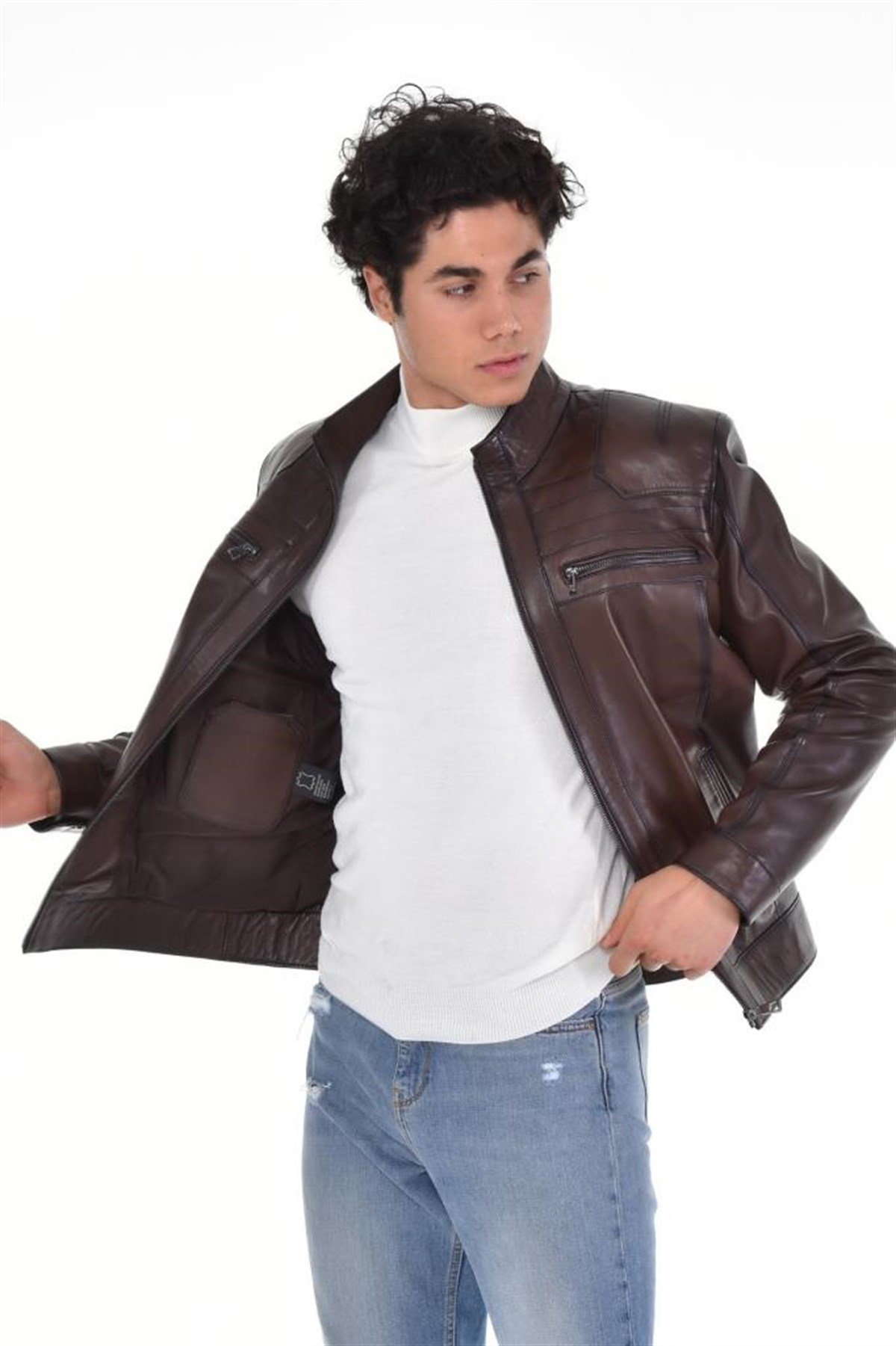 Kahverengi Omuz Beslemeli Hakiki Erkek Deri Mont, Hakiki Kuzu Deri Ceket