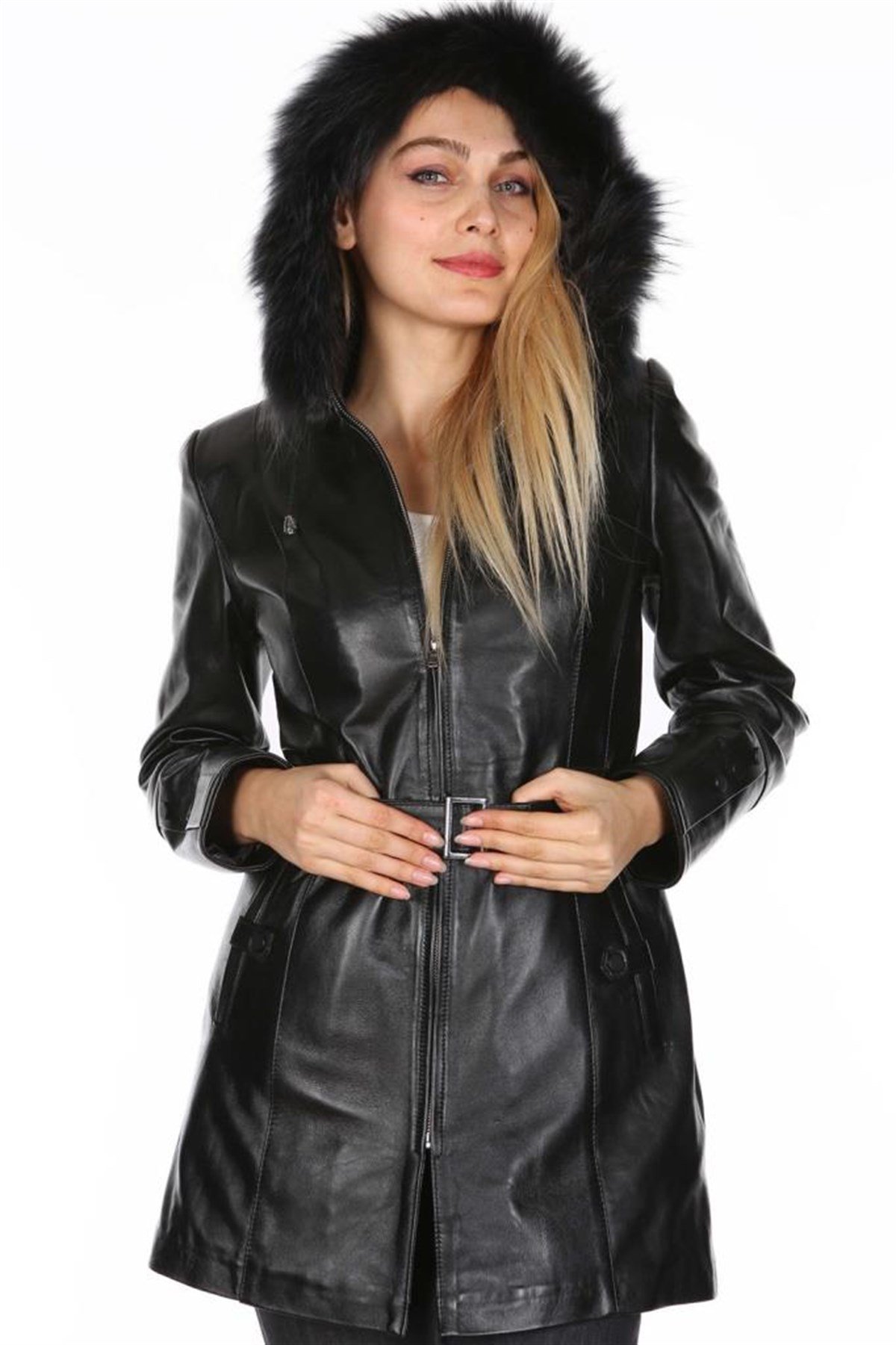 Hakiki Deri Siyah Kemerli Kürklü Kadın Ceket