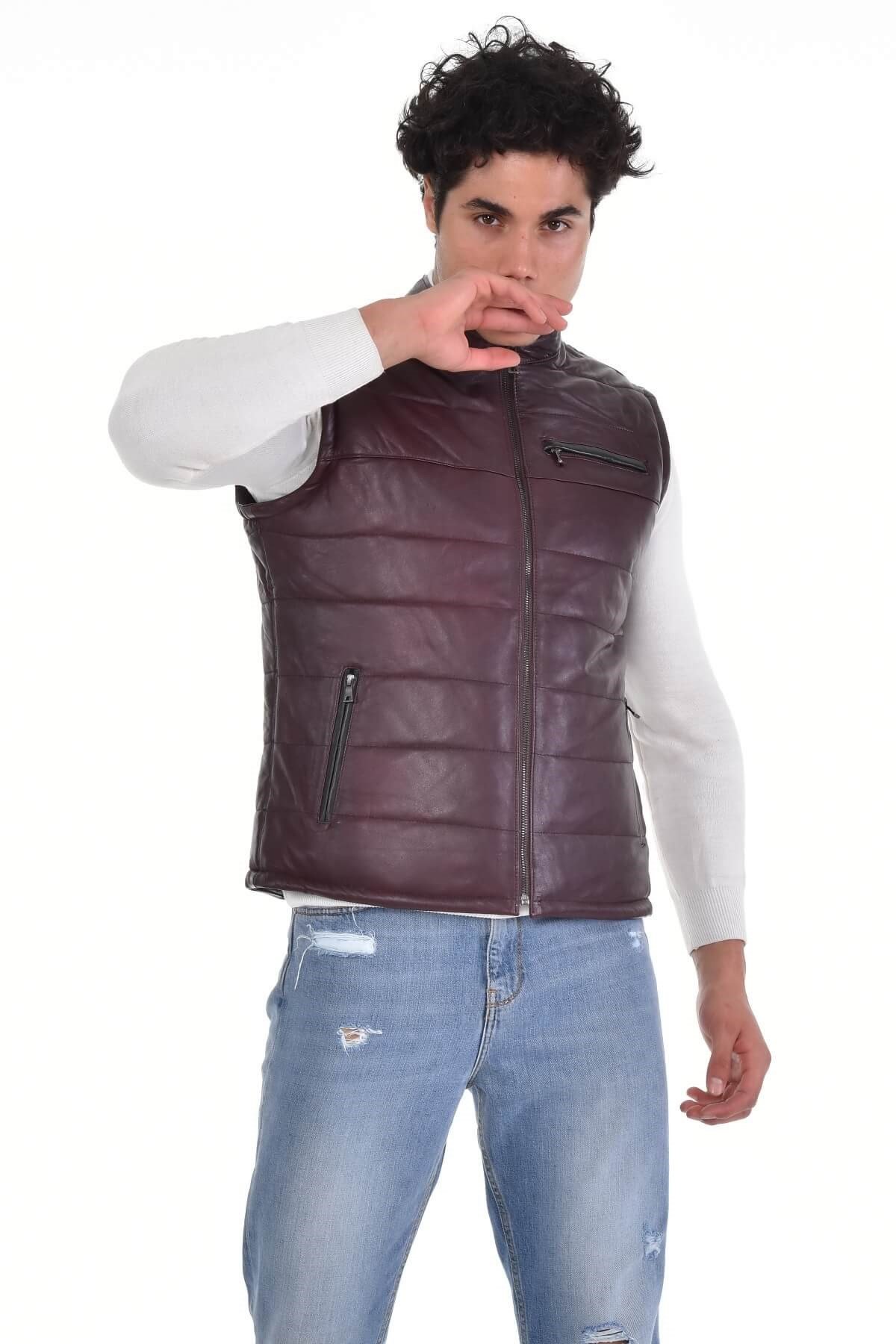 Kevin Bordo Erkek %100 Orijinal Deri Yelek