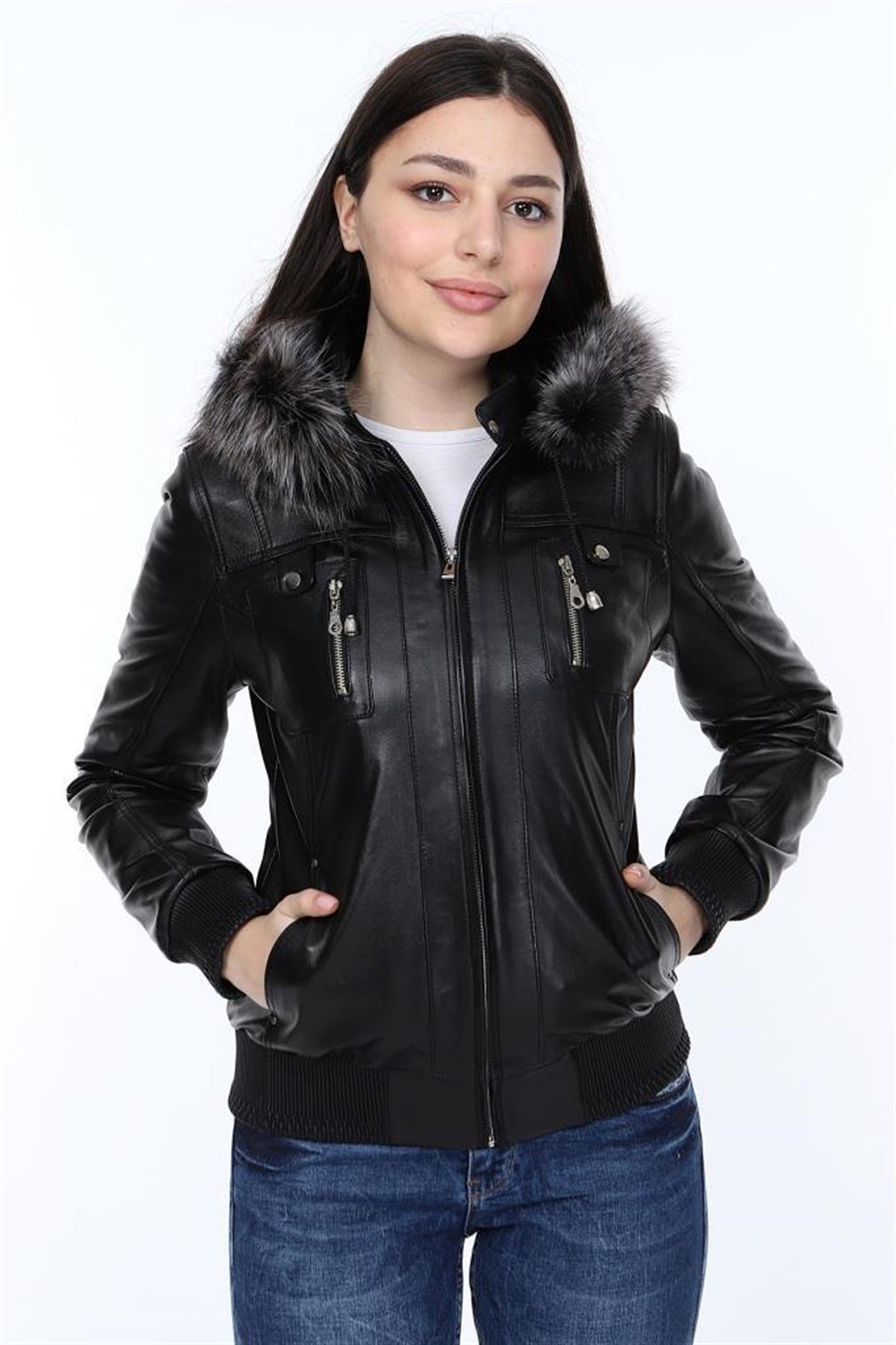 Hakiki Deri Siyah Yaka Kürklü Kadın Ceket