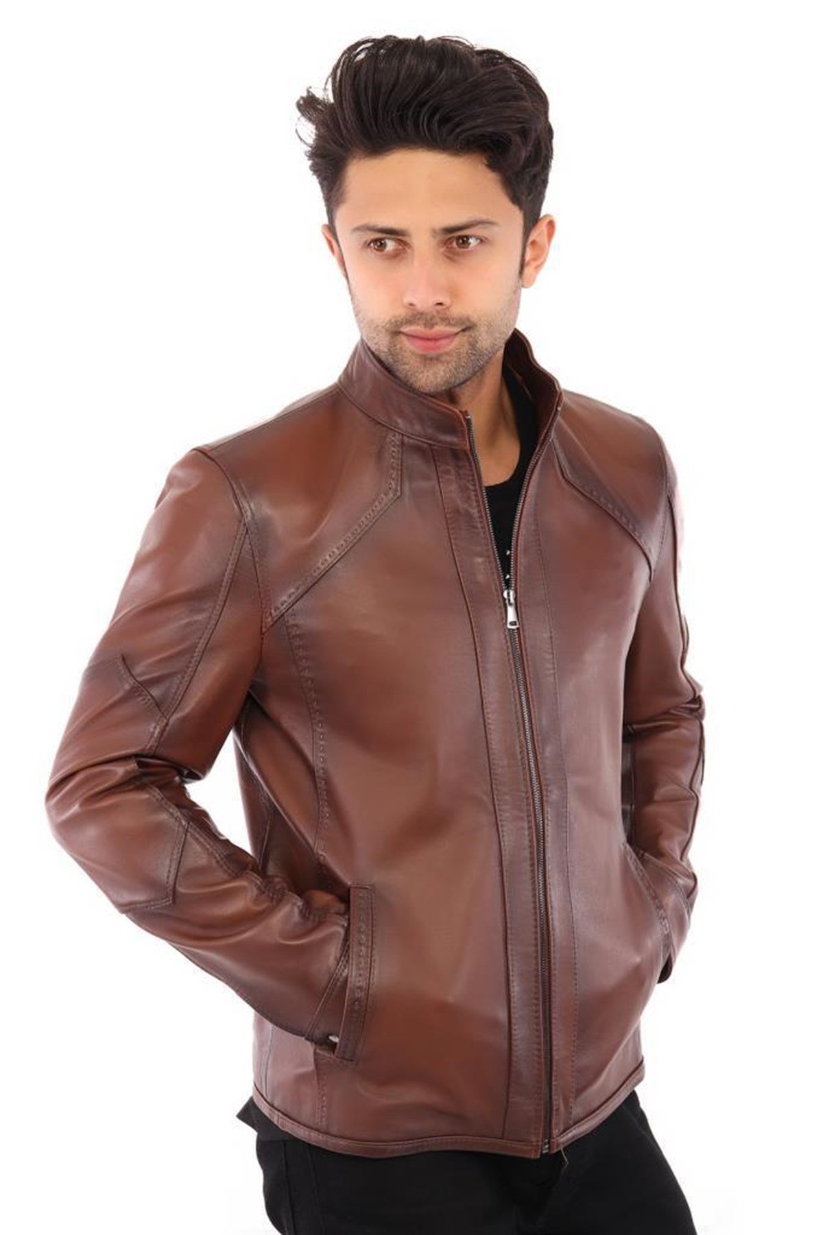 Hakiki Deri Kahverengi Erkek Deri Mont Dikiş İşlemeli Yandan Cepli Deri Ceket