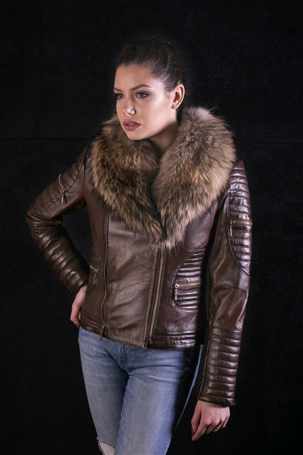 Hakiki Deri Kahverengi Fermuarlı Kürklü Kadın Ceket