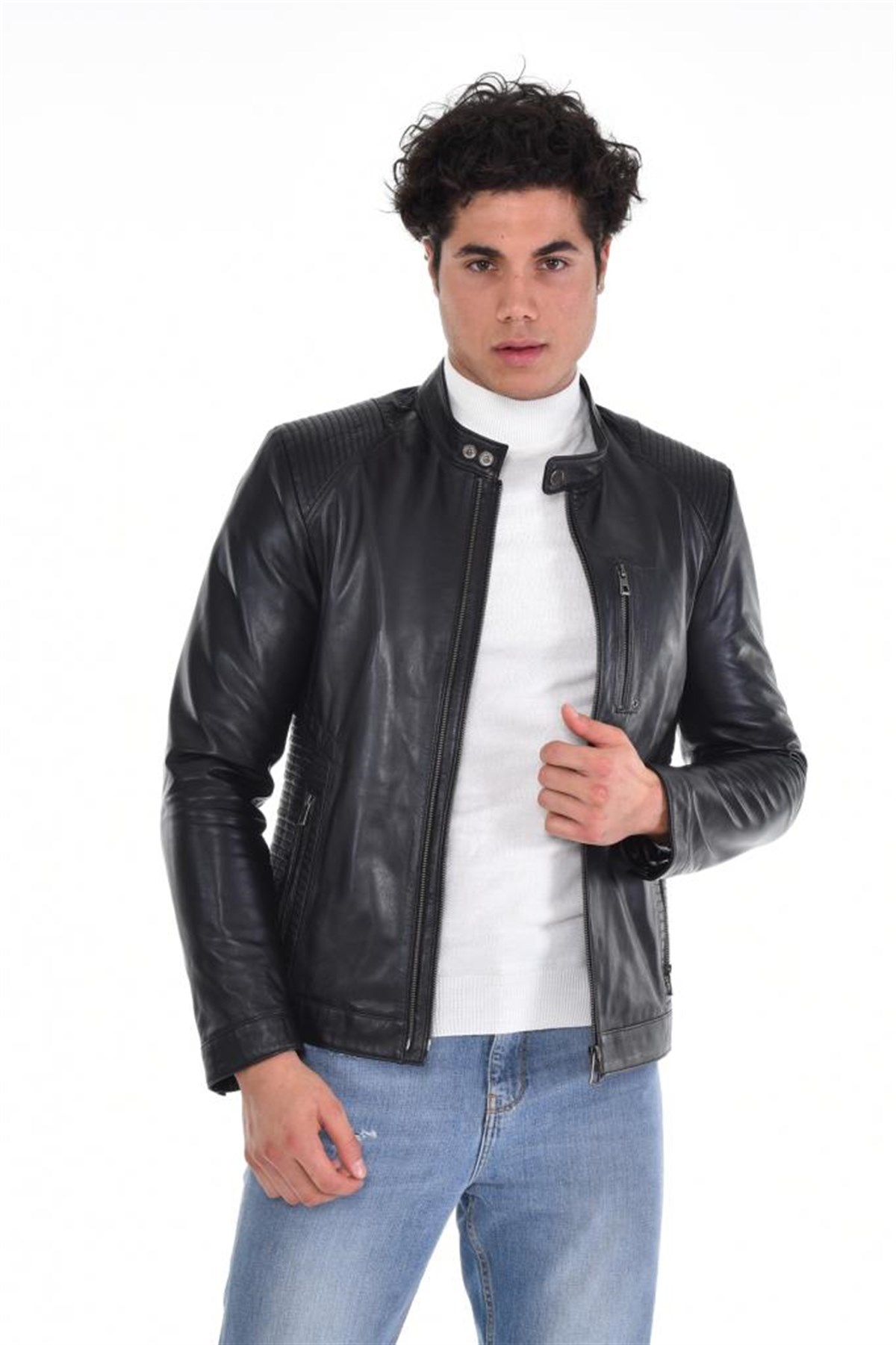 Siyah Çift Fermuarlı Hakim Yaka Omuz İşlemeli  Hakiki Erkek Deri Mont, Hakiki Kuzu Deri Ceket