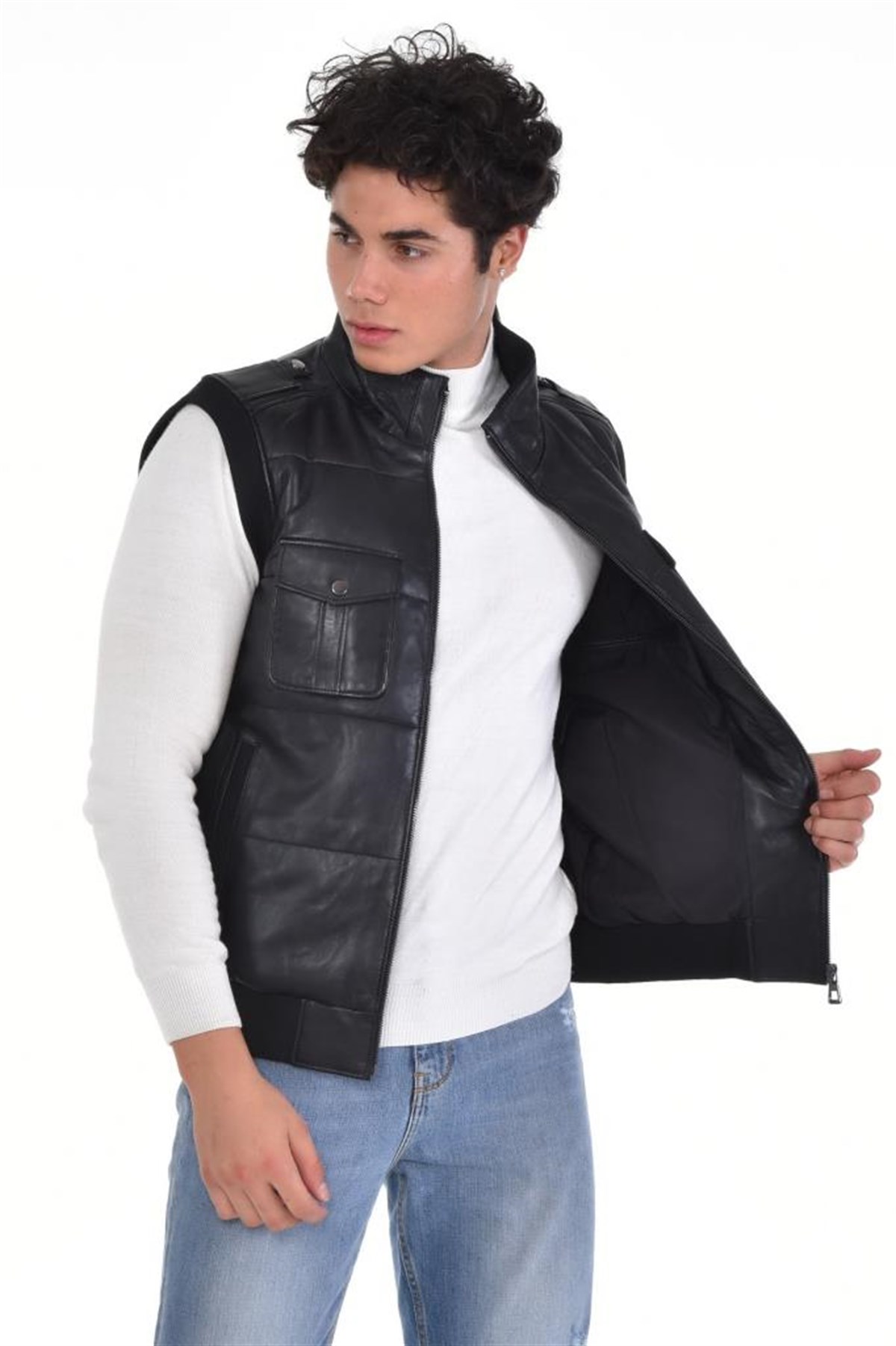 Siyah Dört Cepli Yelek Manşetli Hakiki Erkek Deri Mont, Hakiki Kuzu Deri Ceket