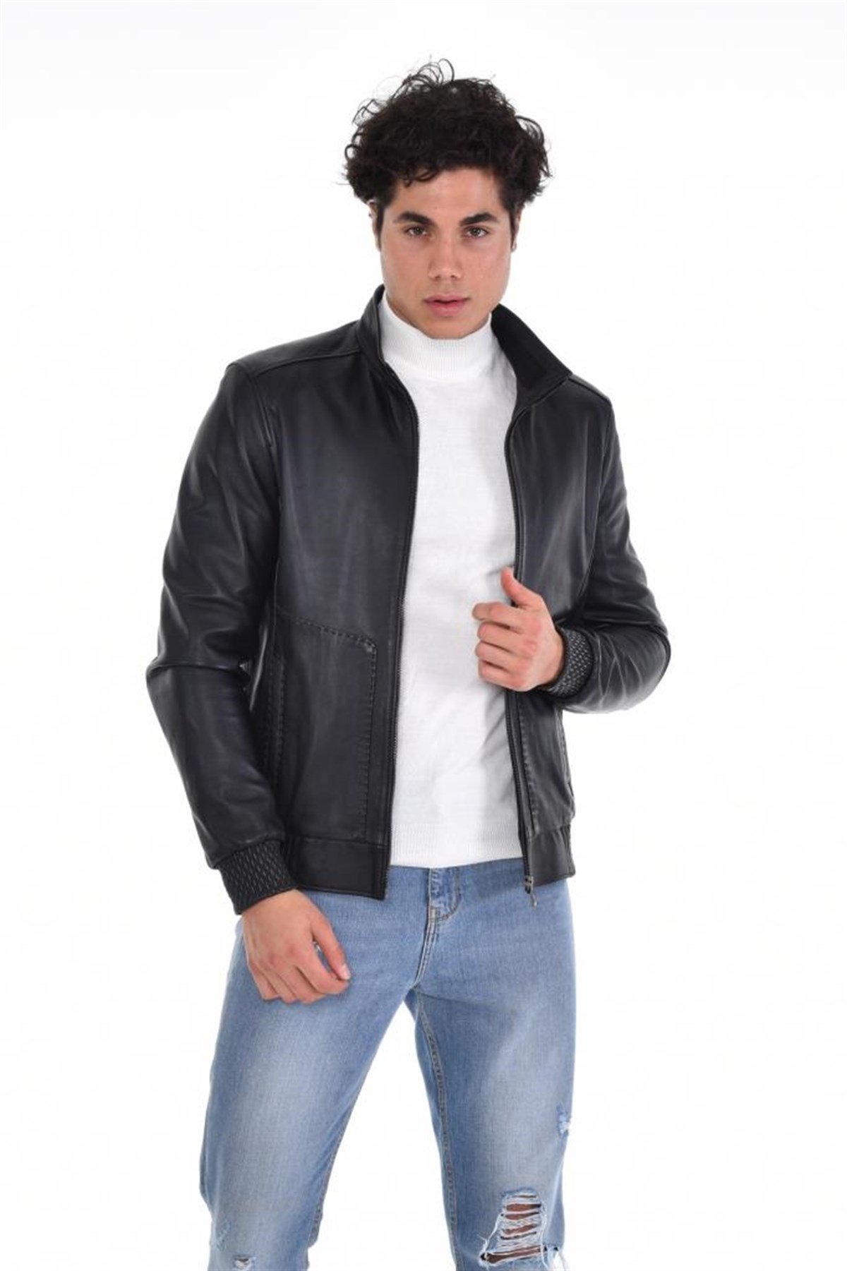 Hakiki Deri Siyah Erkek Deri Mont Dikiş İşlemeli Belden Lastikli Yandan Cepli Deri Ceket