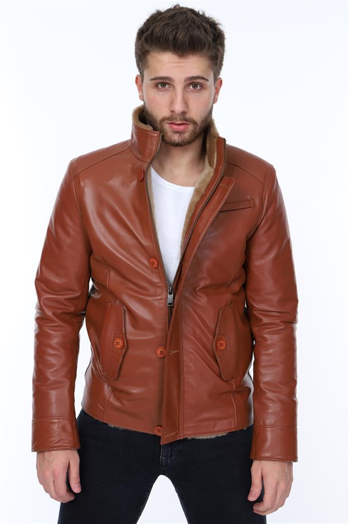 Hakiki Deri Kürklü Taba Erkek Deri Mont Yandan Cepli Düğme Detaylı Deri Ceket