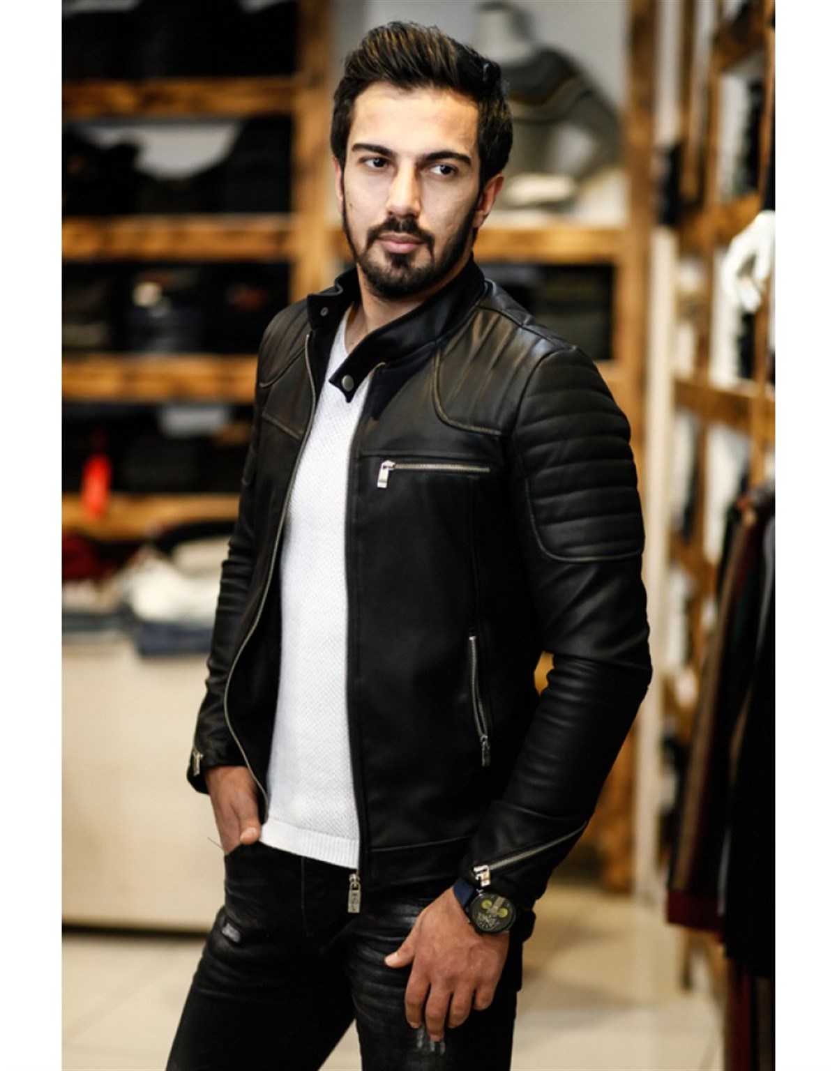 Hakiki Deri Siyah Üç Cepli Fermuarlı Erkek Deri Ceket