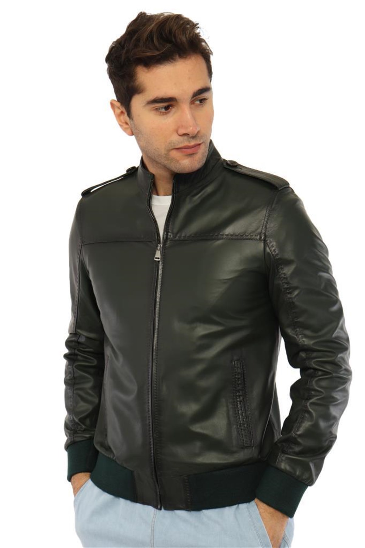 Hakiki Deri Siyah Axl Fermuarlı Lastikli Erkek Deri Ceket